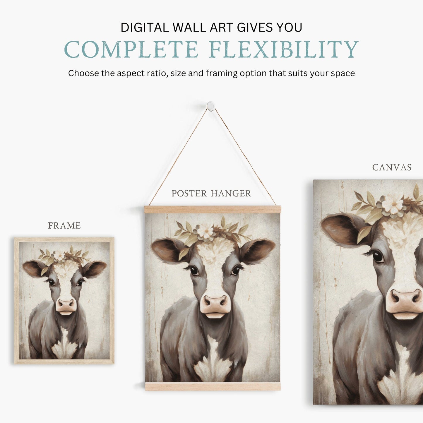 Vintage Cow Portrait, Floral Animal Wall Decor, Rustic Farmhouse Art - WildfieldPrints