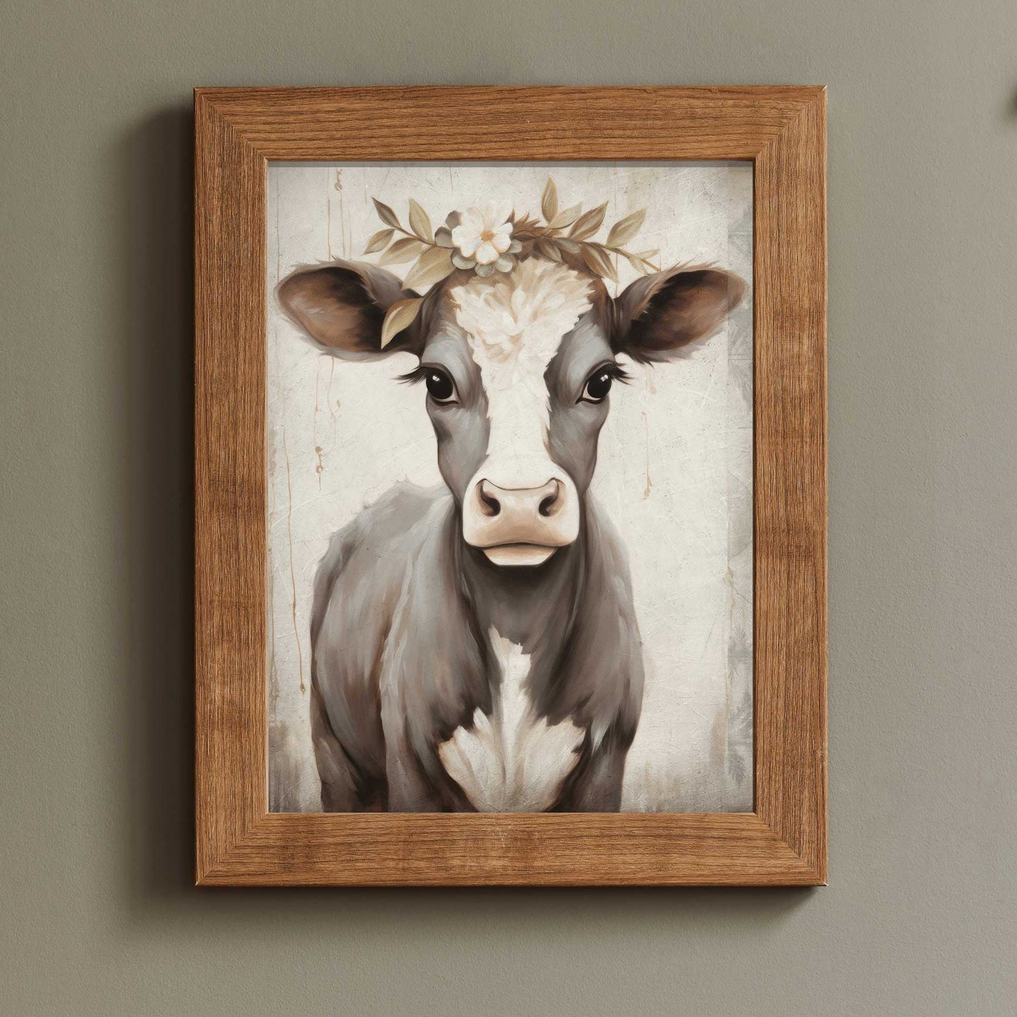 Vintage Cow Portrait, Floral Animal Wall Decor, Rustic Farmhouse Art - WildfieldPrints