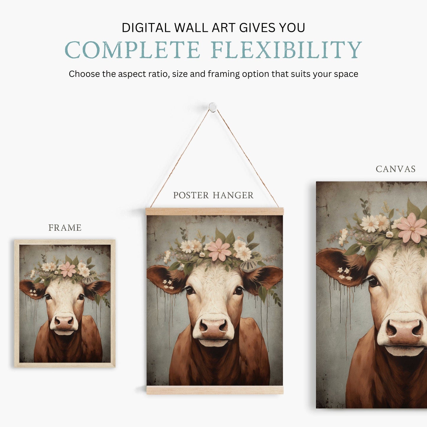 Vintage Cow Portrait, Rustic Farmhouse Wall Art, Country Decor - WildfieldPrints