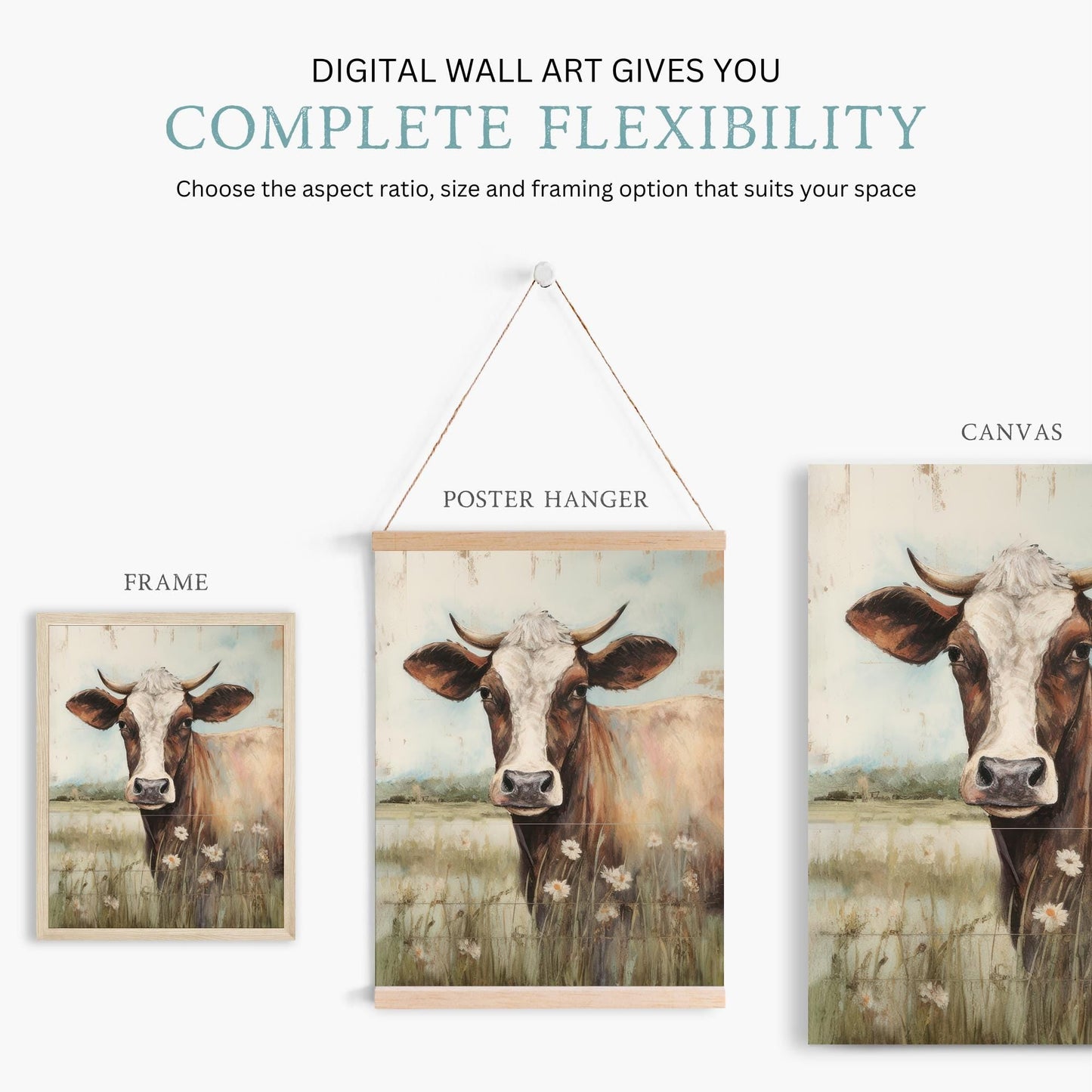 Vintage Cow Portrait, Whimsical Wall Art, Farmhouse Decor, Animal Print - WildfieldPrints