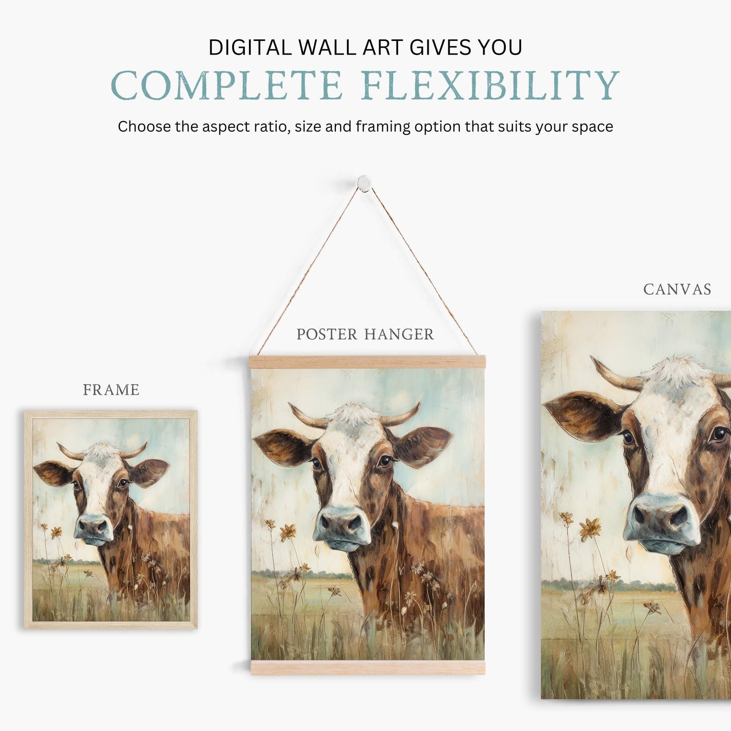 Vintage Cow Portrait, Whimsical Wall Art, Farmhouse Decor, Animal Print - WildfieldPrints