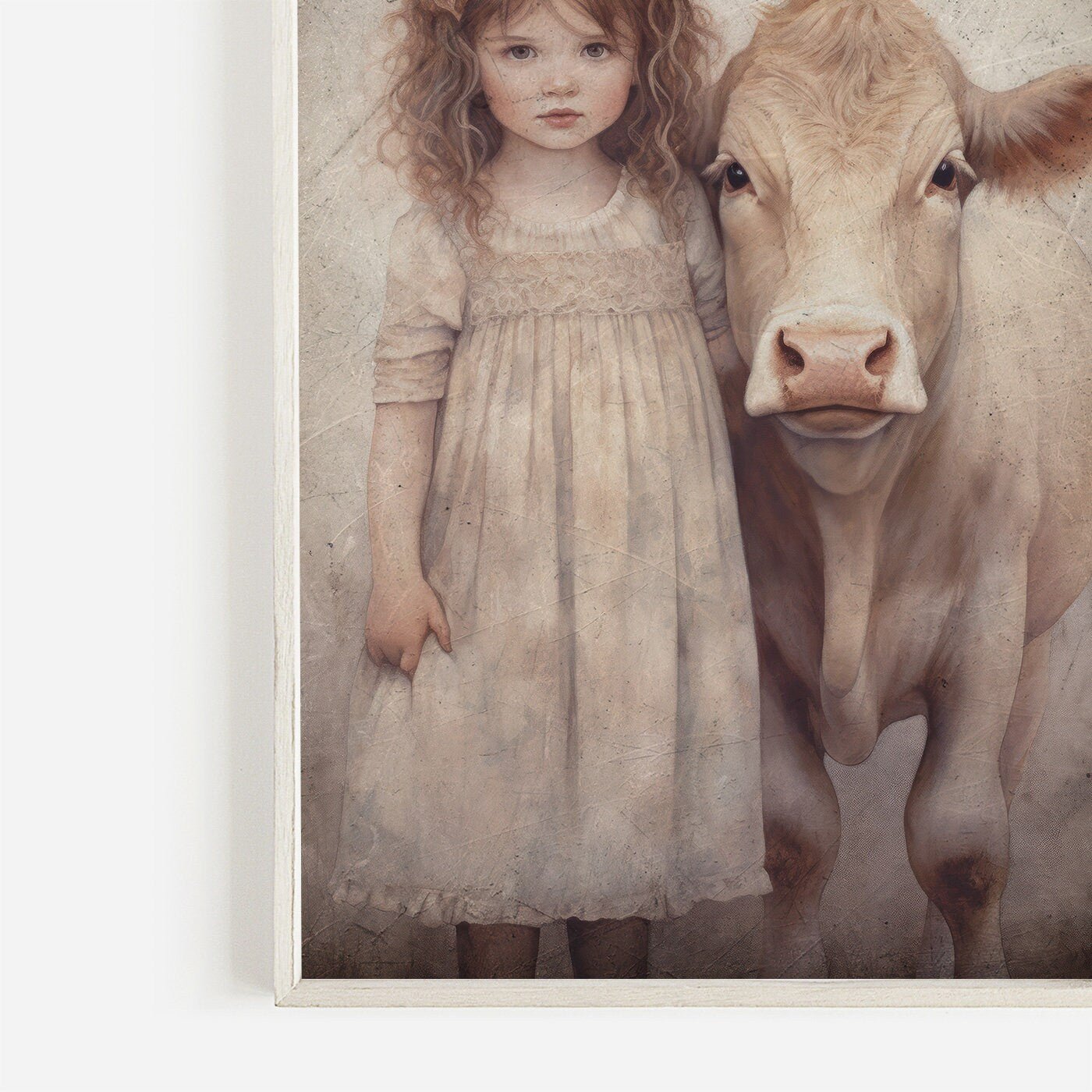 Vintage Farm Animal Wall Art, Little Girl with Cow, Farmhouse Decor - WildfieldPrints