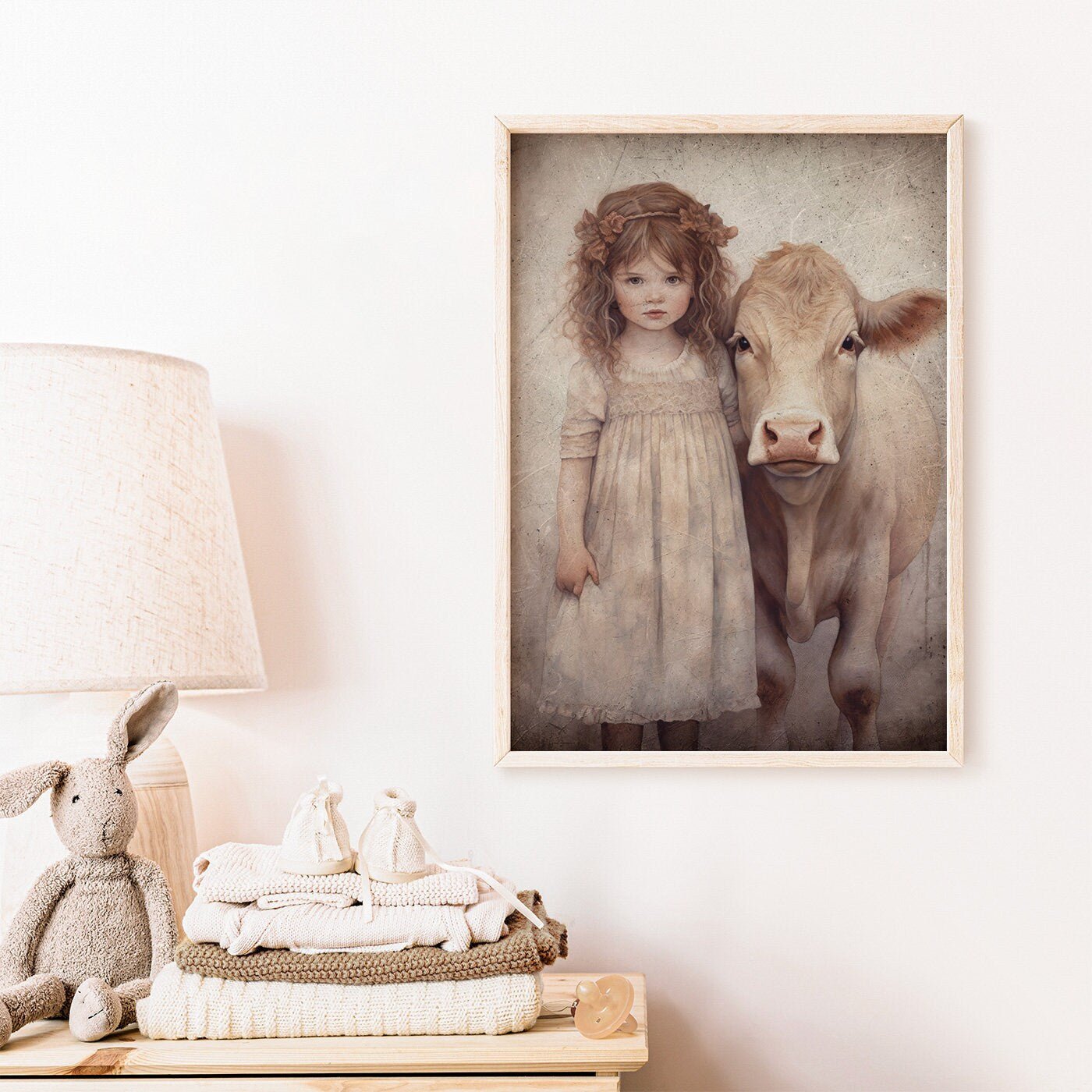 Vintage Farm Animal Wall Art, Little Girl with Cow, Farmhouse Decor - WildfieldPrints