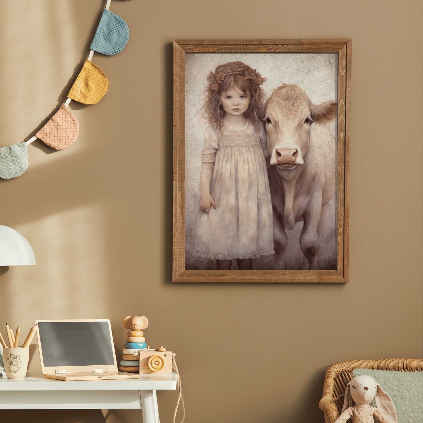 Vintage Farm Animal Wall Art, Little Girl with Cow, Farmhouse Decor - WildfieldPrints