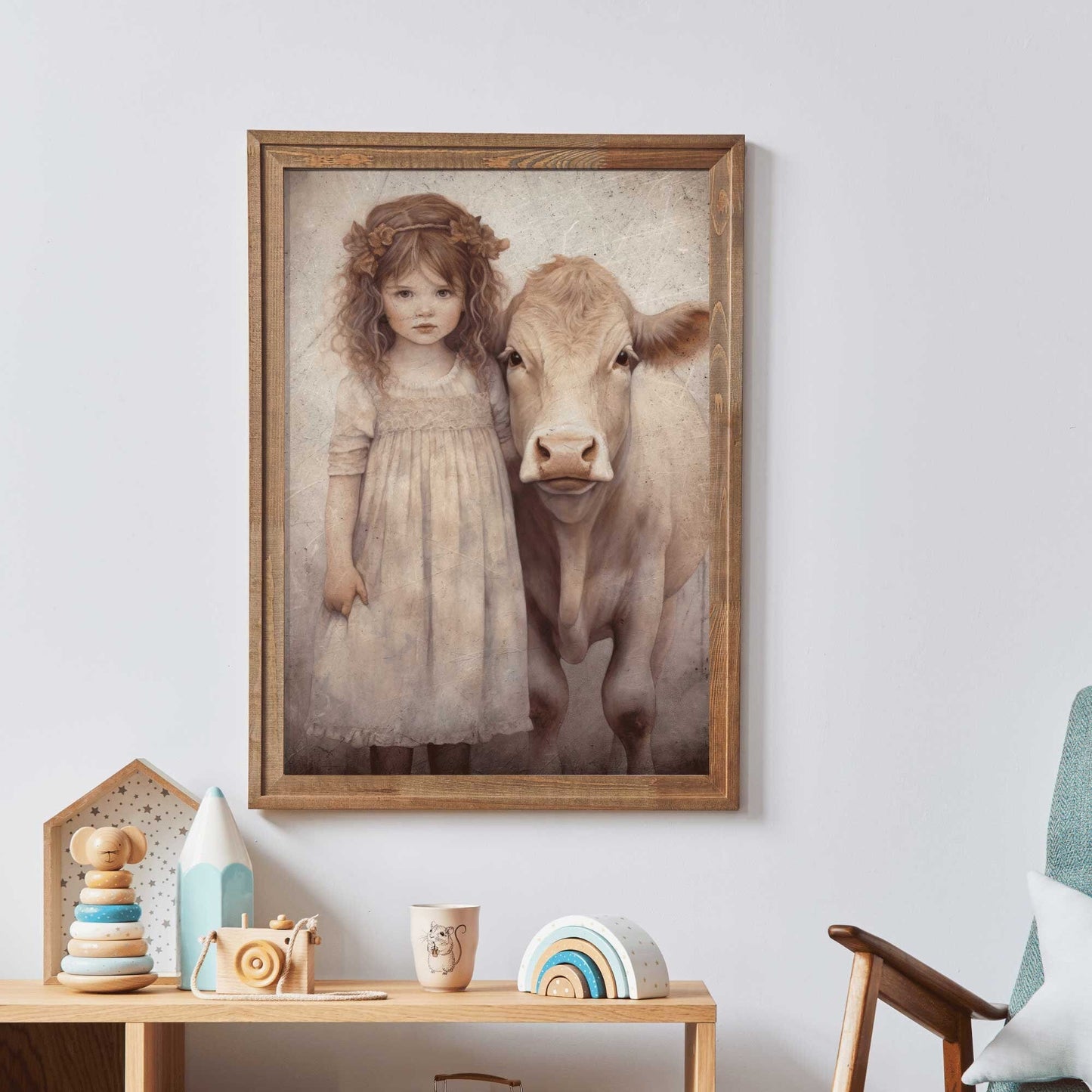 Vintage Farm Animal Wall Art, Little Girl with Cow, Farmhouse Decor - WildfieldPrints