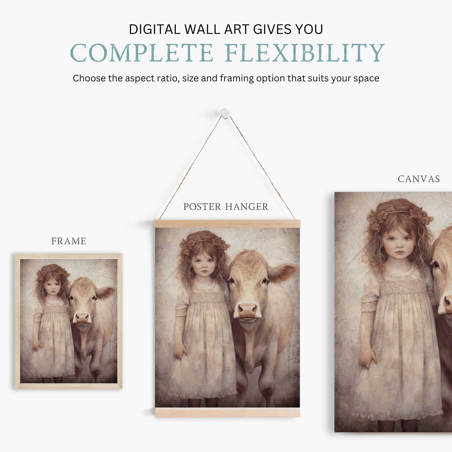 Vintage Farm Animal Wall Art, Little Girl with Cow, Farmhouse Decor - WildfieldPrints