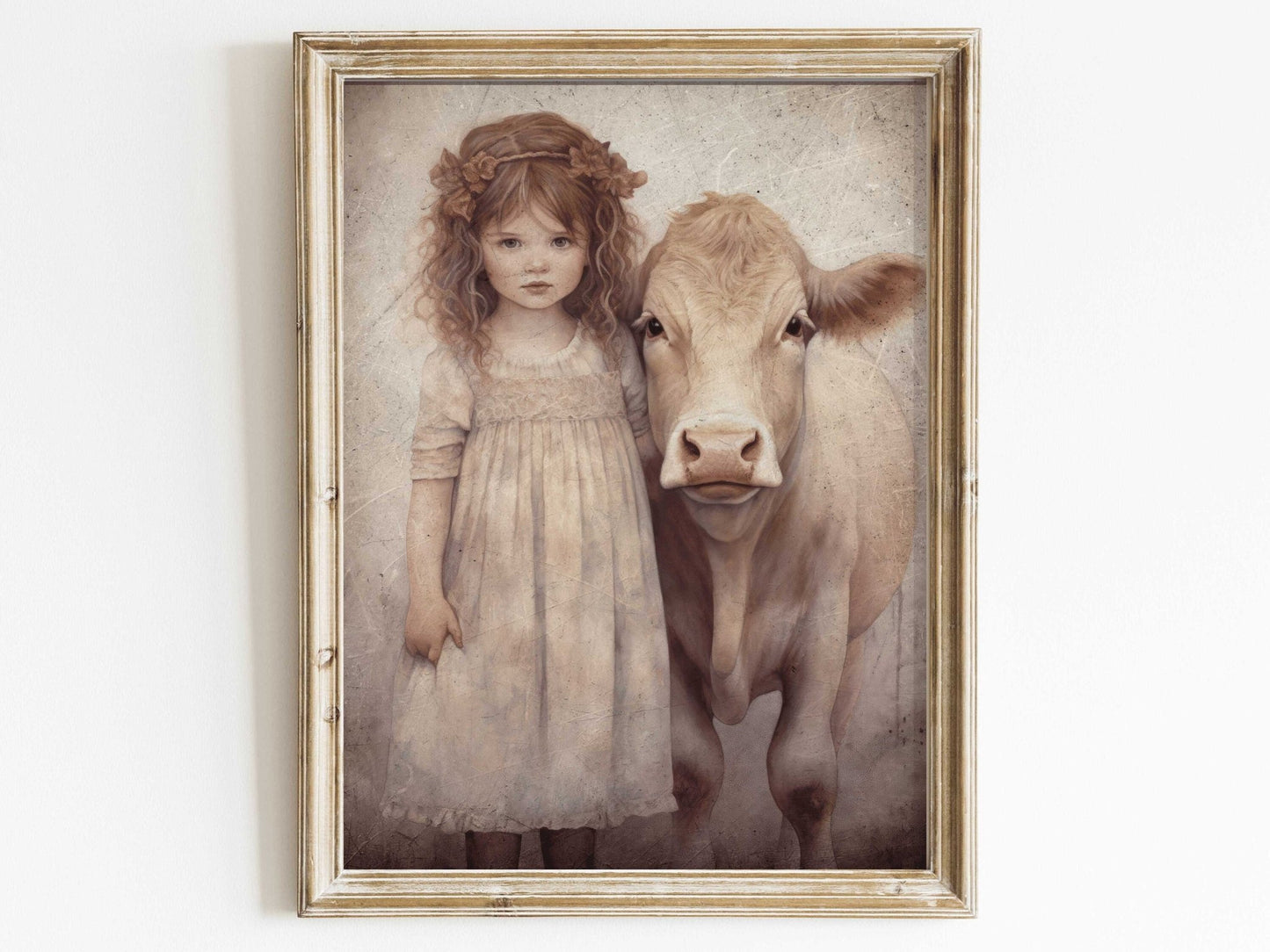 Vintage Farm Animal Wall Art, Little Girl with Cow, Farmhouse Decor - WildfieldPrints