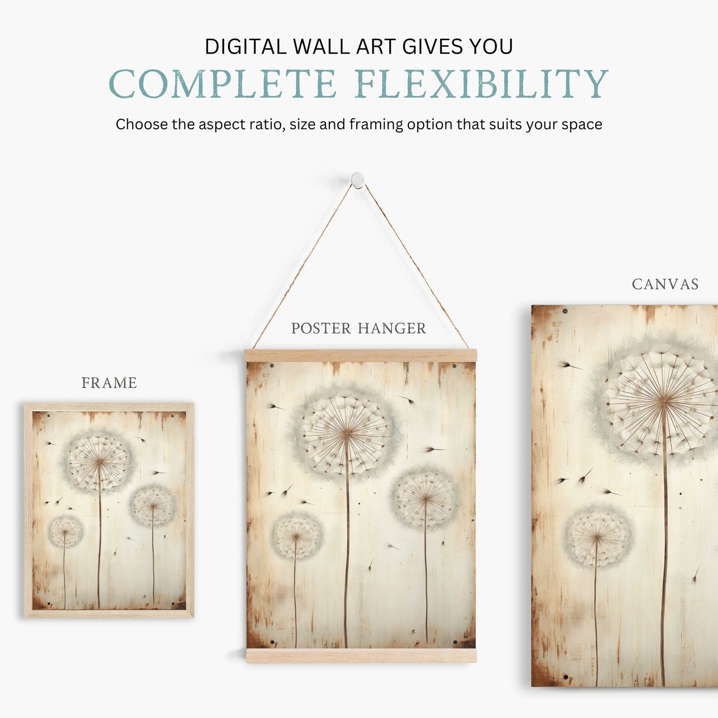 Vintage Flower Wall Art, Dandelion Print, Rustic Floral Decor - WildfieldPrints