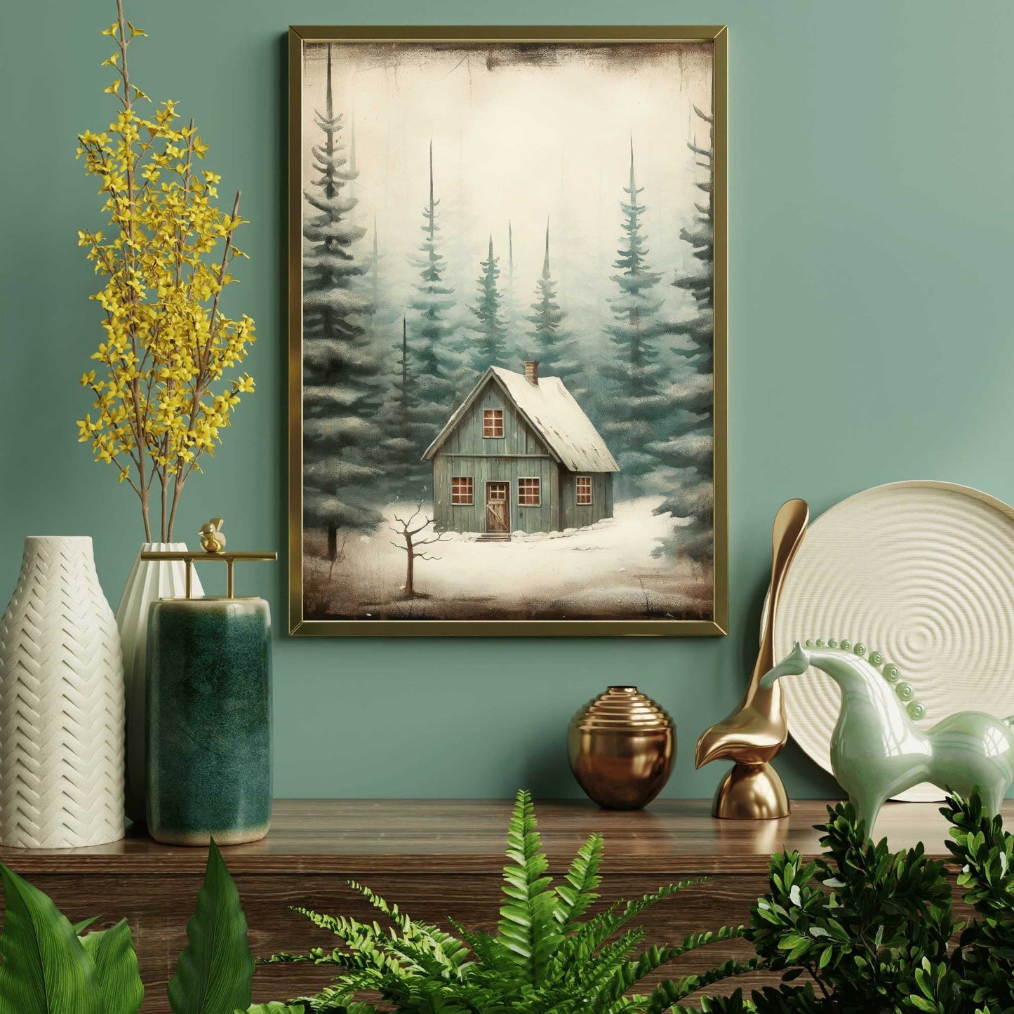 Vintage Forest Cabin Print, Rustic Home Decor, Cottage Wall Art - WildfieldPrints