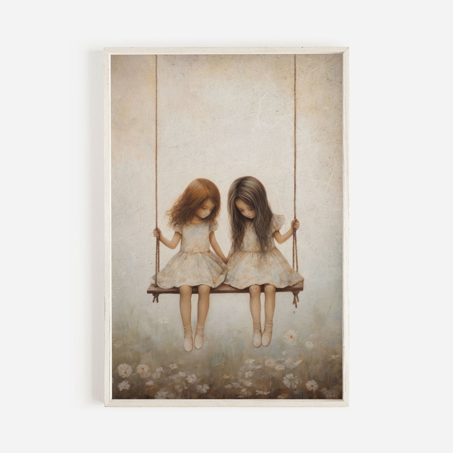 Vintage Girls on Swing Art Print, Sisters Wall Decor, Girly Room Accent - WildfieldPrints