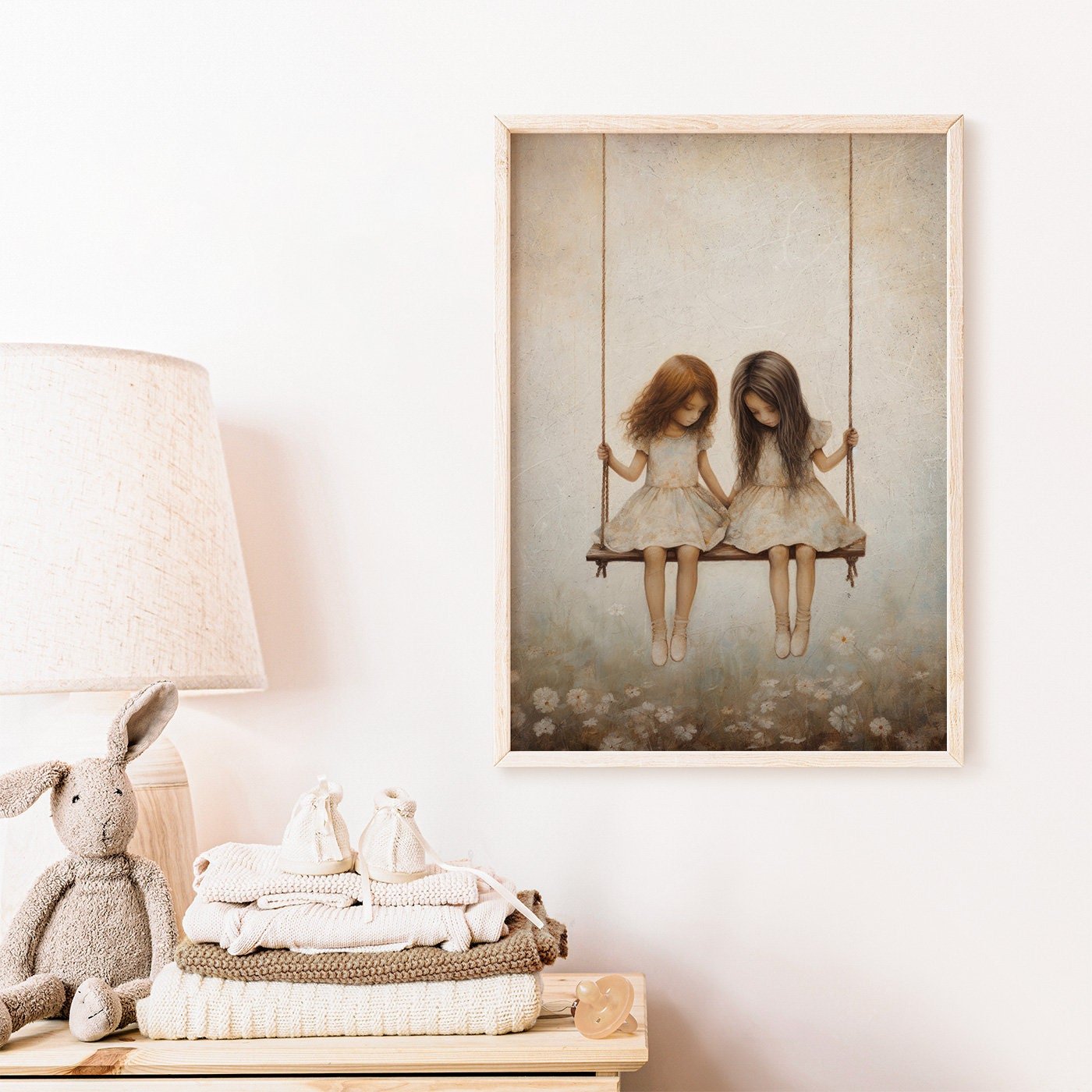 Vintage Girls on Swing Art Print, Sisters Wall Decor, Girly Room Accent - WildfieldPrints