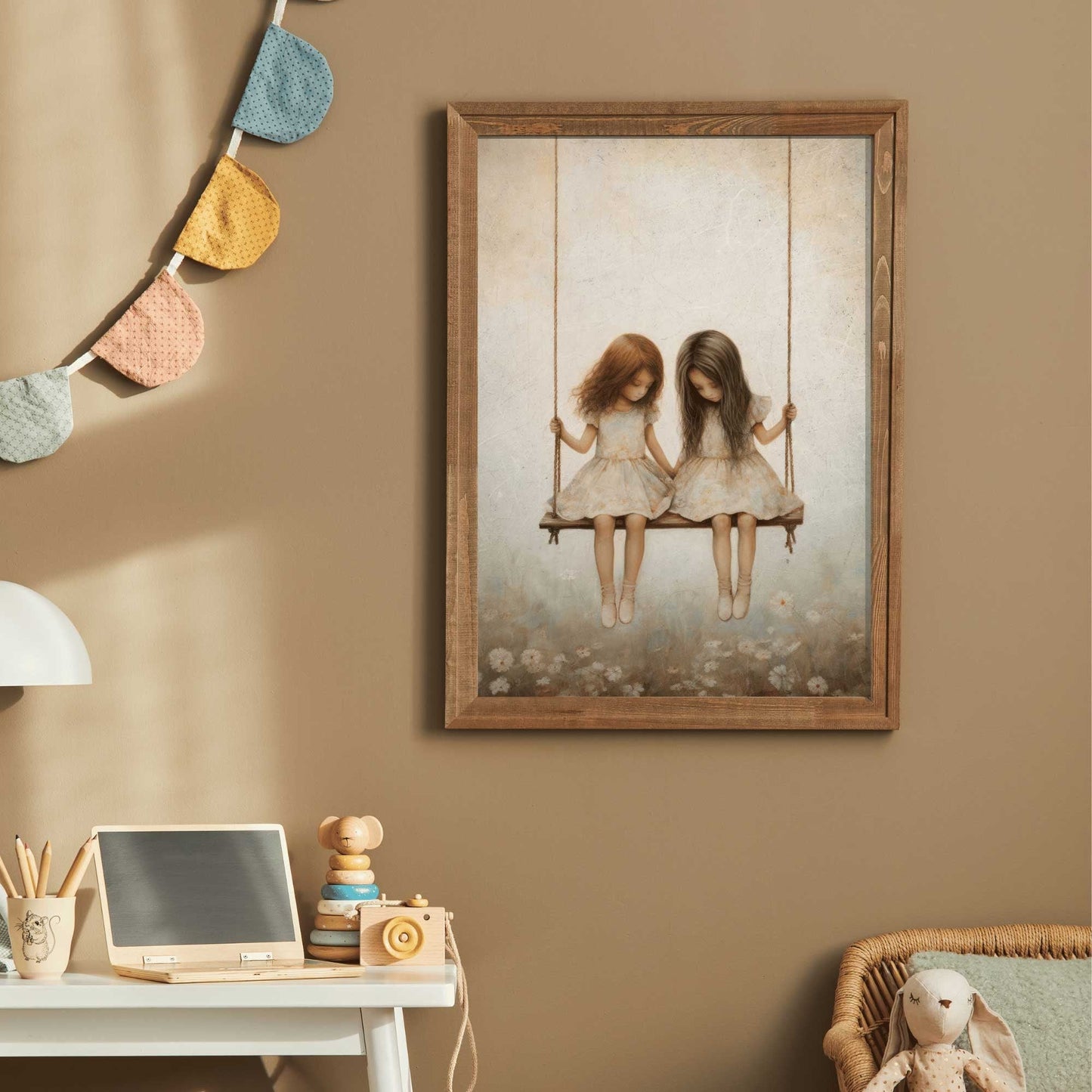Vintage Girls on Swing Art Print, Sisters Wall Decor, Girly Room Accent - WildfieldPrints