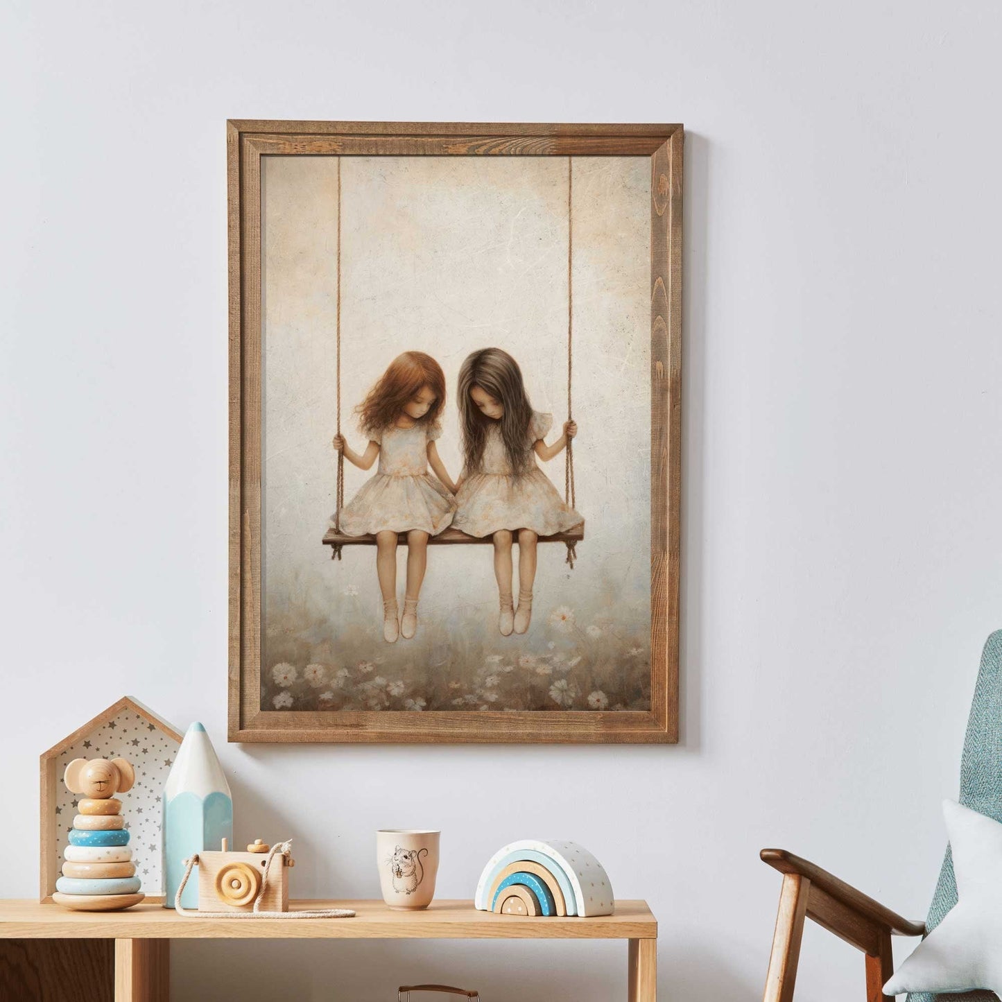 Vintage Girls on Swing Art Print, Sisters Wall Decor, Girly Room Accent - WildfieldPrints