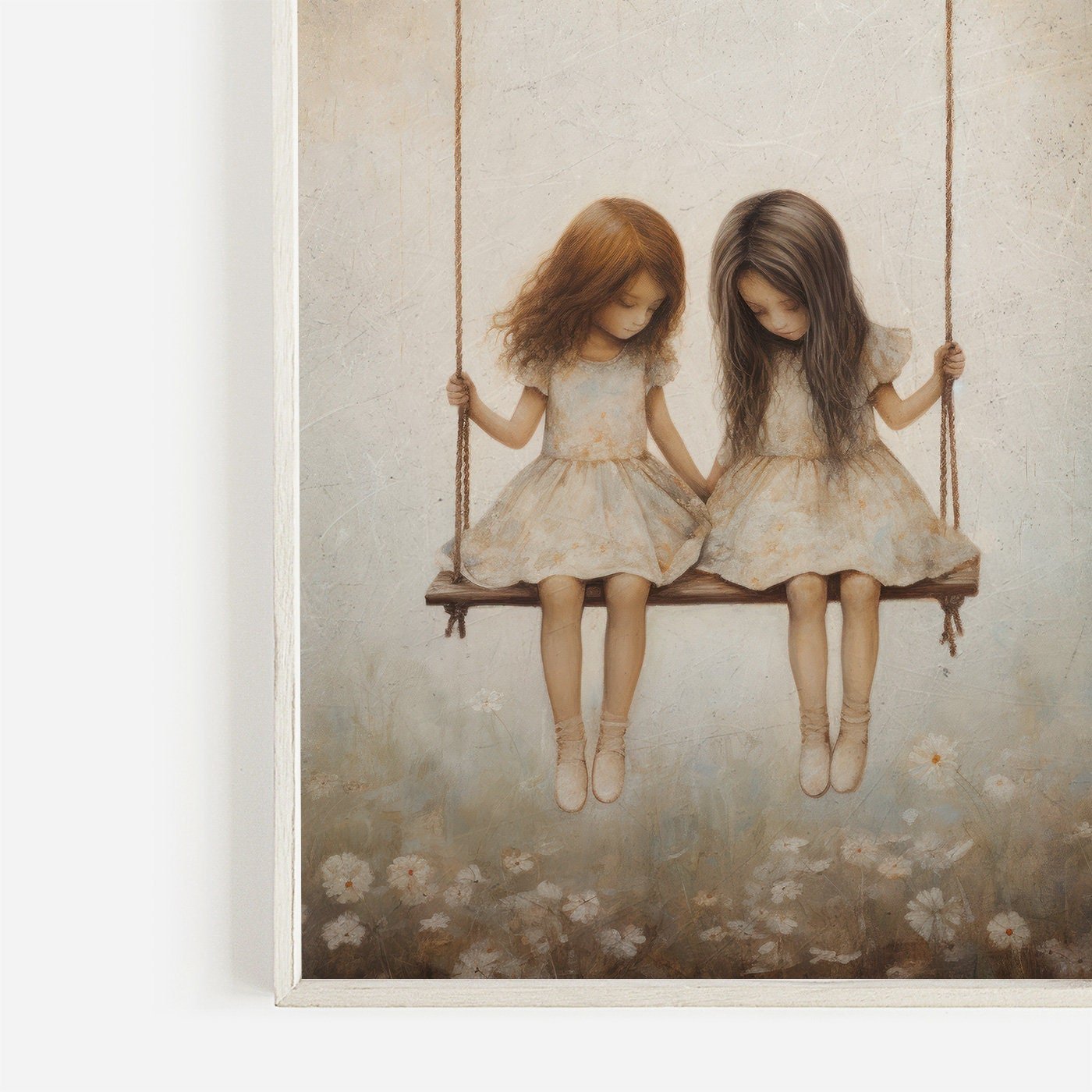 Vintage Girls on Swing Art Print, Sisters Wall Decor, Girly Room Accent - WildfieldPrints