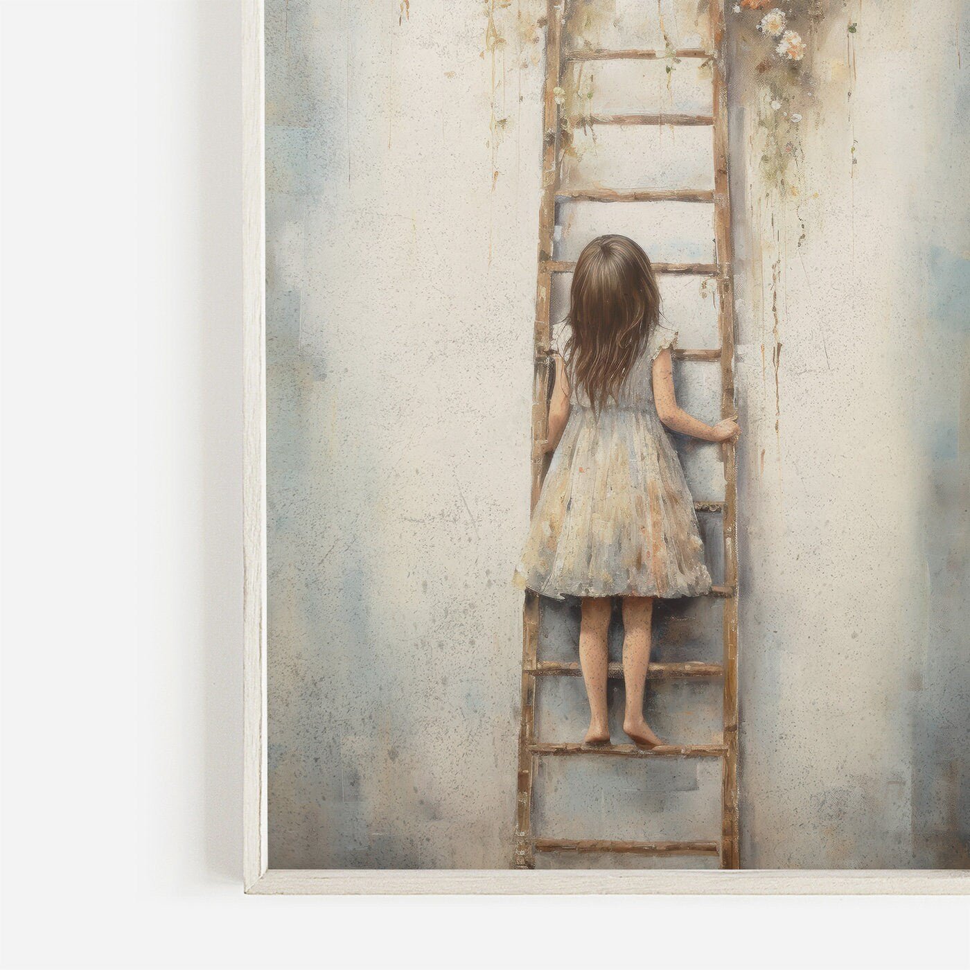 Vintage Girl's Room Print, Little Girl on a Ladder, Rustic Nursery Decor - WildfieldPrints