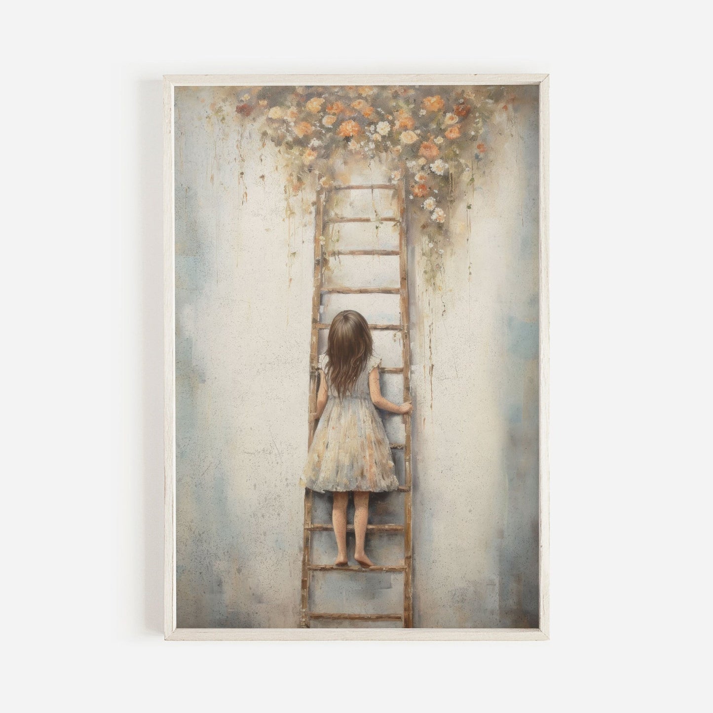 Vintage Girl's Room Print, Little Girl on a Ladder, Rustic Nursery Decor - WildfieldPrints