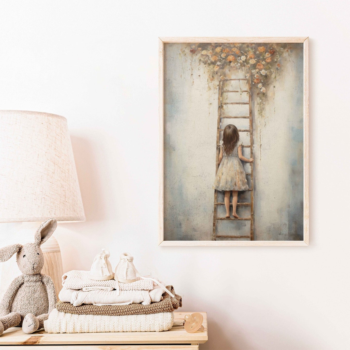 Vintage Girl's Room Print, Little Girl on a Ladder, Rustic Nursery Decor - WildfieldPrints