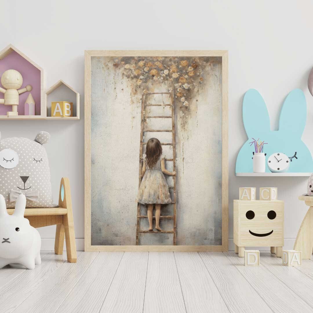 Vintage Girl's Room Print, Little Girl on a Ladder, Rustic Nursery Decor - WildfieldPrints