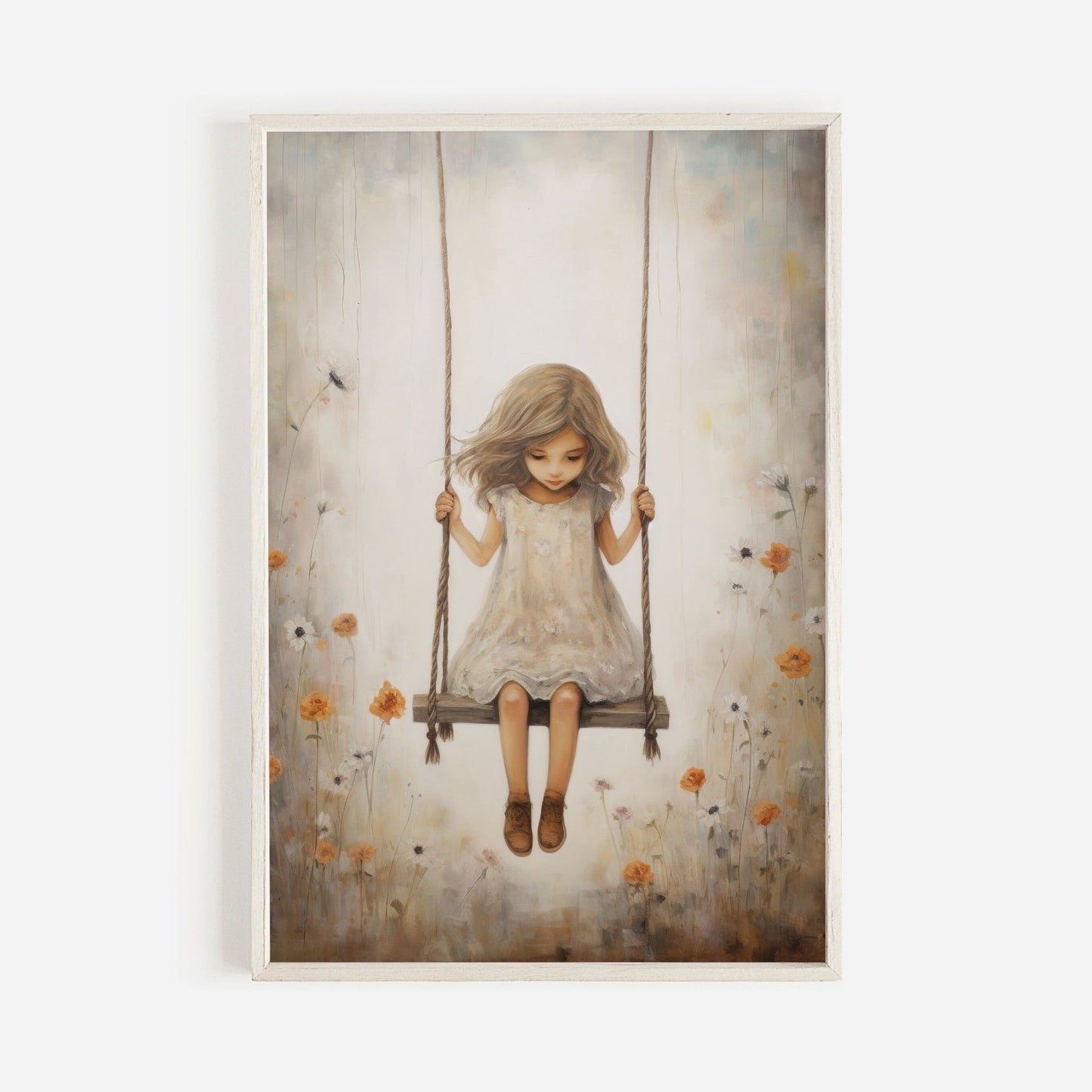 Vintage Girl's Room Print, Little Girl on a Swing, Rustic Nursery Decor - WildfieldPrints