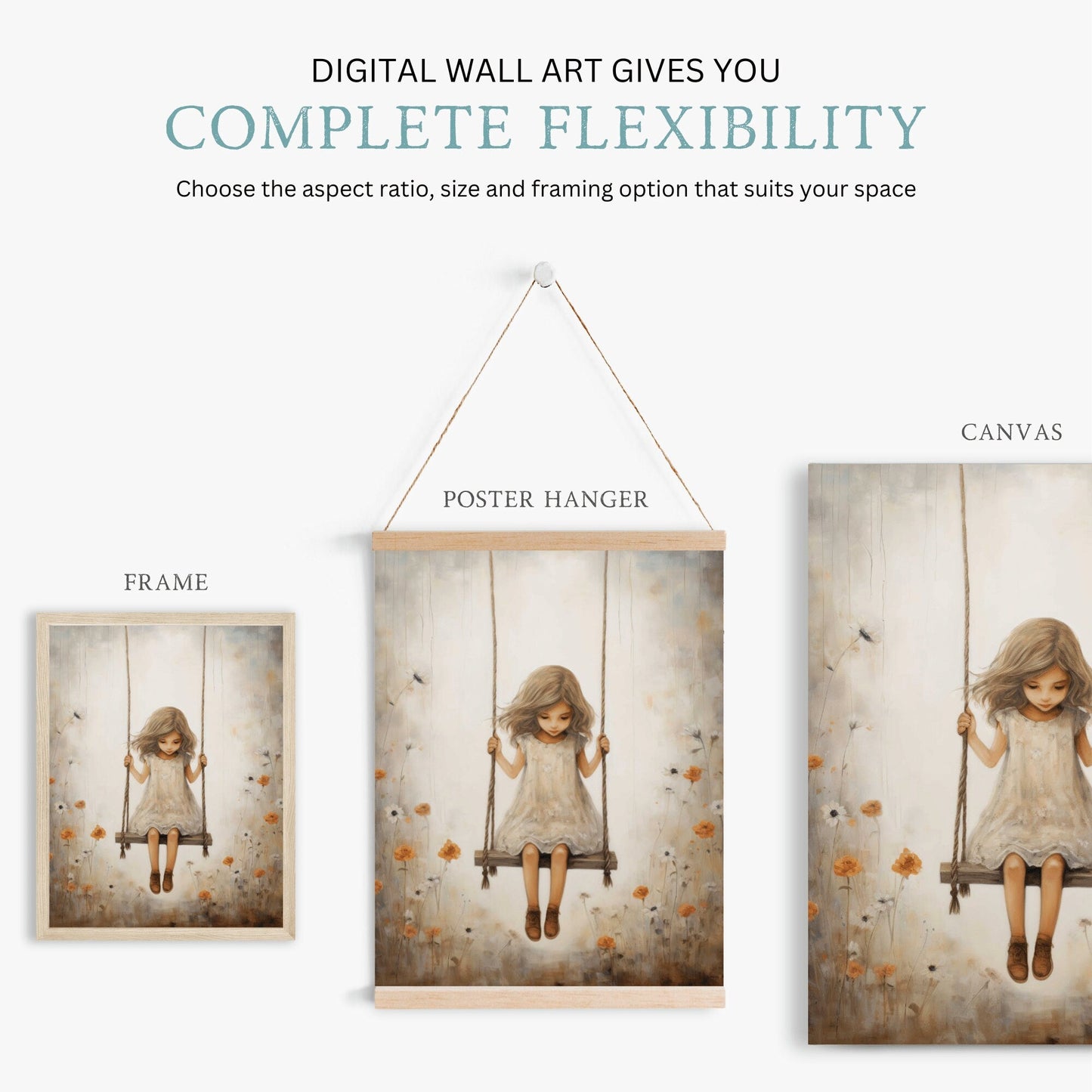 Vintage Girl's Room Print, Little Girl on a Swing, Rustic Nursery Decor - WildfieldPrints