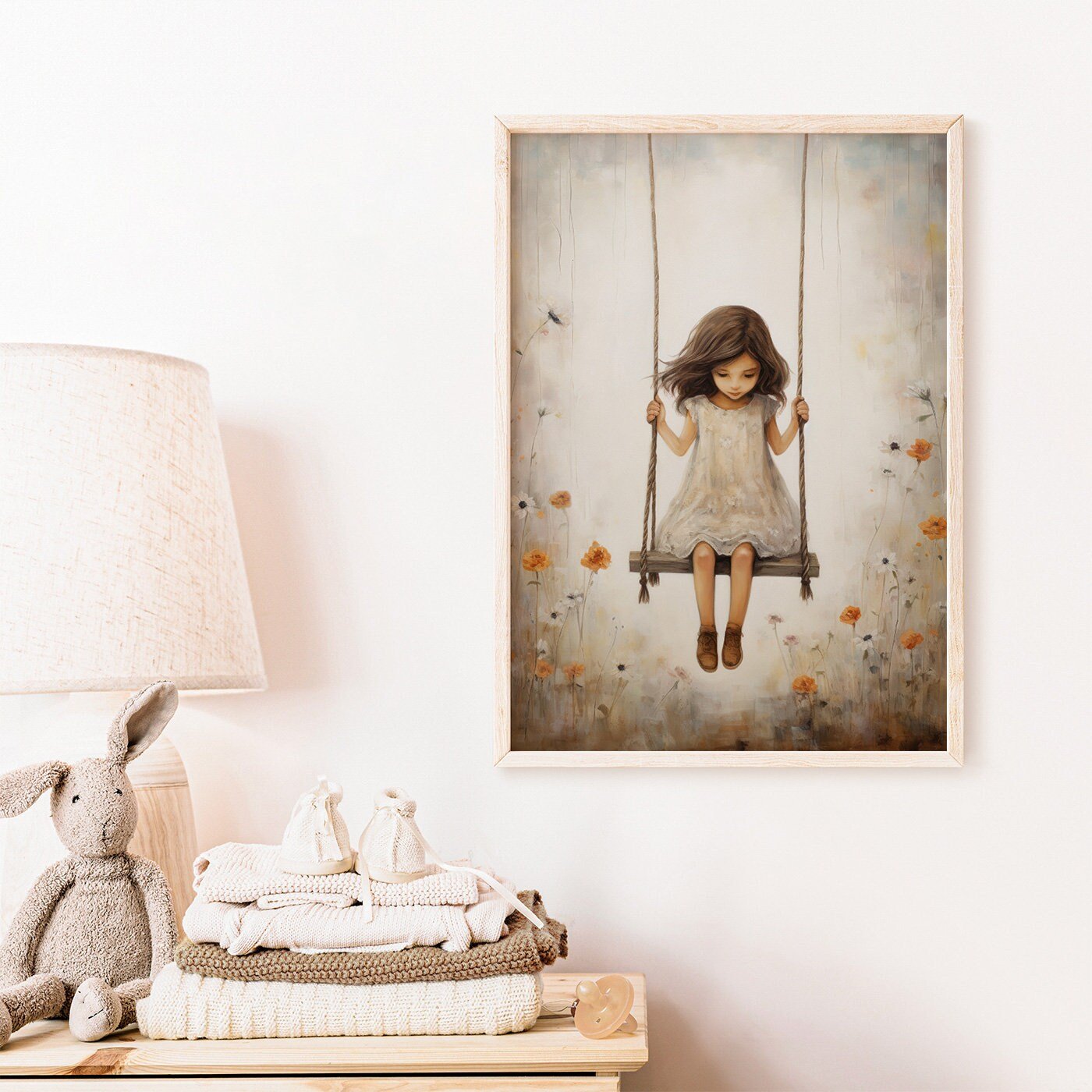Vintage Girl's Room Print, Little Girl on a Swing, Rustic Nursery Decor - WildfieldPrints