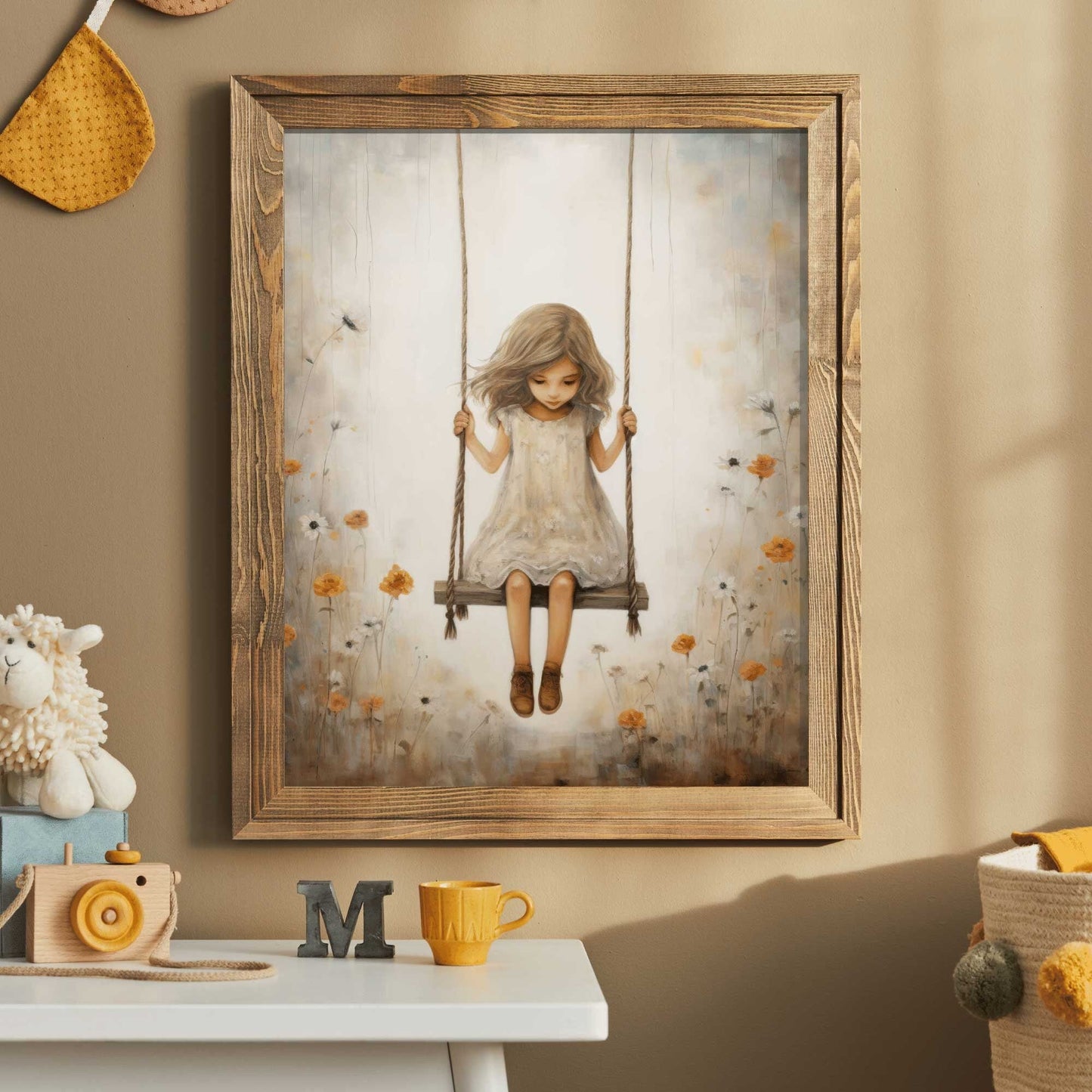 Vintage Girl's Room Print, Little Girl on a Swing, Rustic Nursery Decor - WildfieldPrints