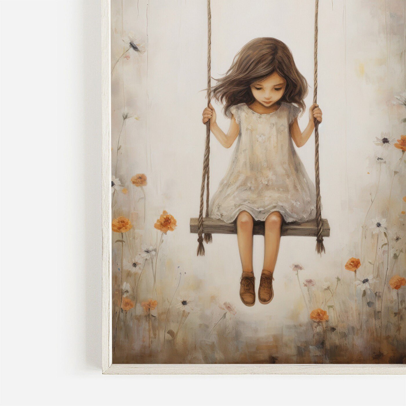 Vintage Girl's Room Print, Little Girl on a Swing, Rustic Nursery Decor - WildfieldPrints