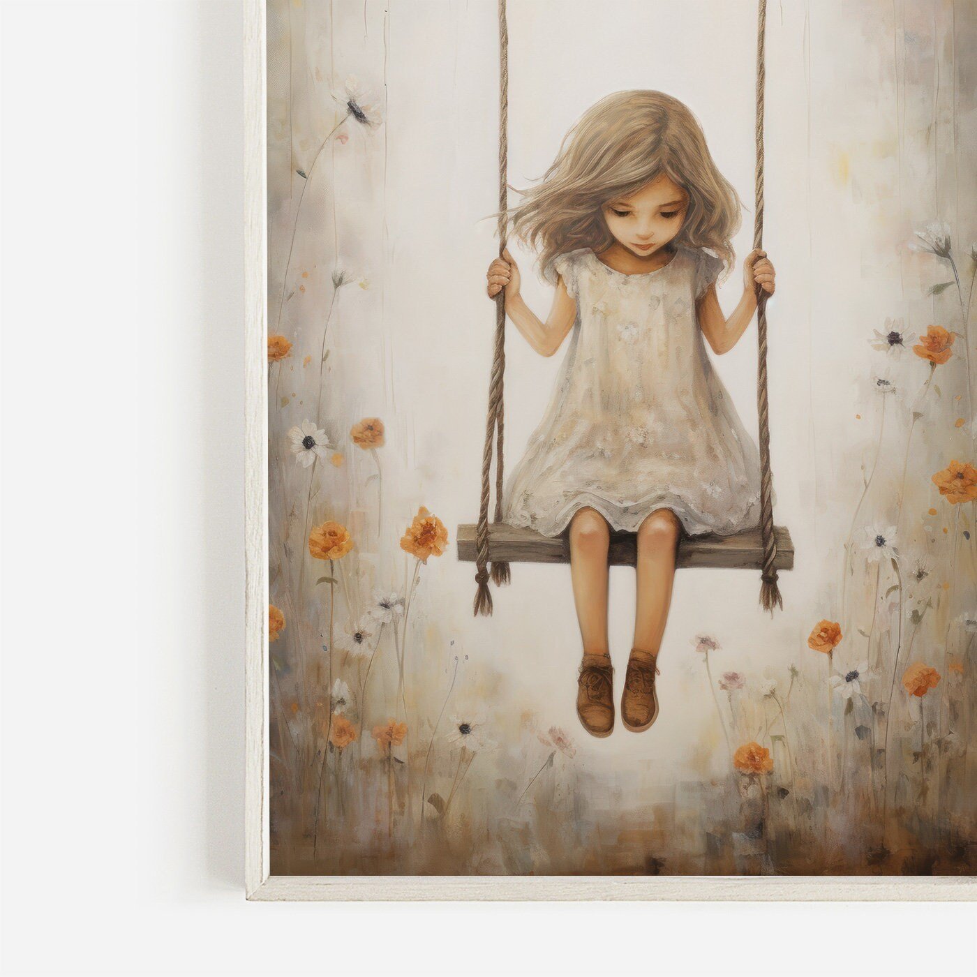 Vintage Girl's Room Print, Little Girl on a Swing, Rustic Nursery Decor - WildfieldPrints