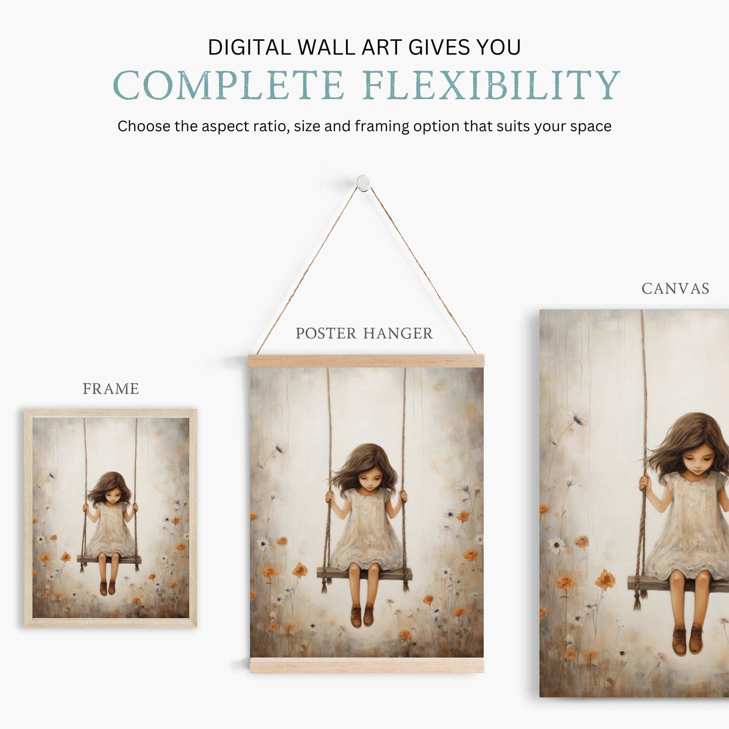 Vintage Girl's Room Print, Little Girl on a Swing, Rustic Nursery Decor - WildfieldPrints