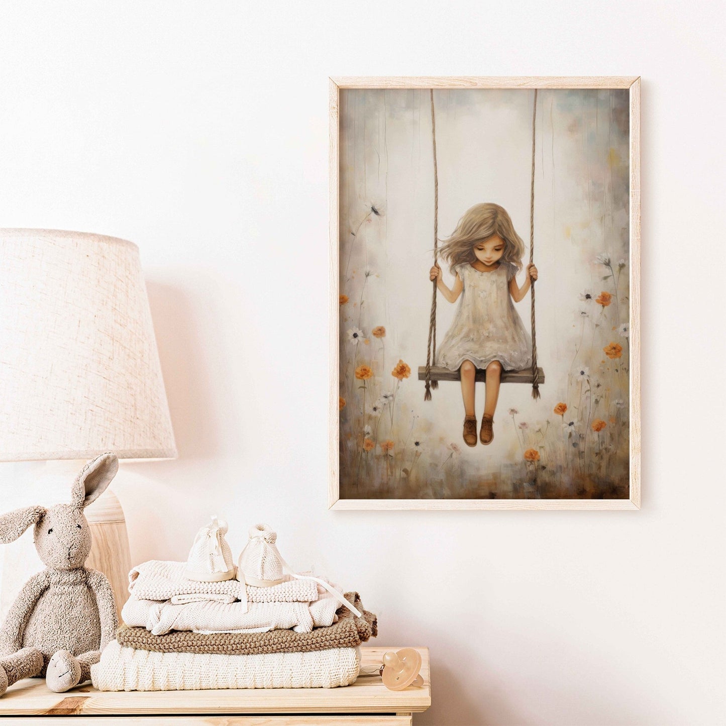 Vintage Girl's Room Print, Little Girl on a Swing, Rustic Nursery Decor - WildfieldPrints