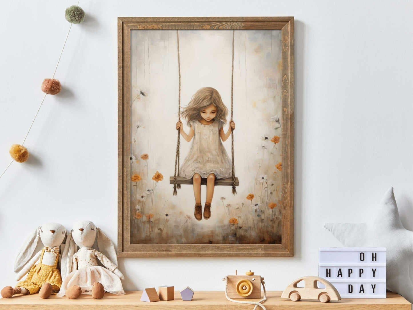 Vintage Girl's Room Print, Little Girl on a Swing, Rustic Nursery Decor - WildfieldPrints