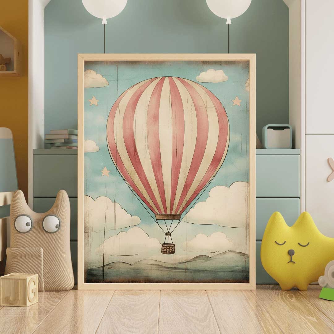 Vintage Hot Air Balloon Print, Whimsical Nursery Decor, Colorful Art - WildfieldPrints