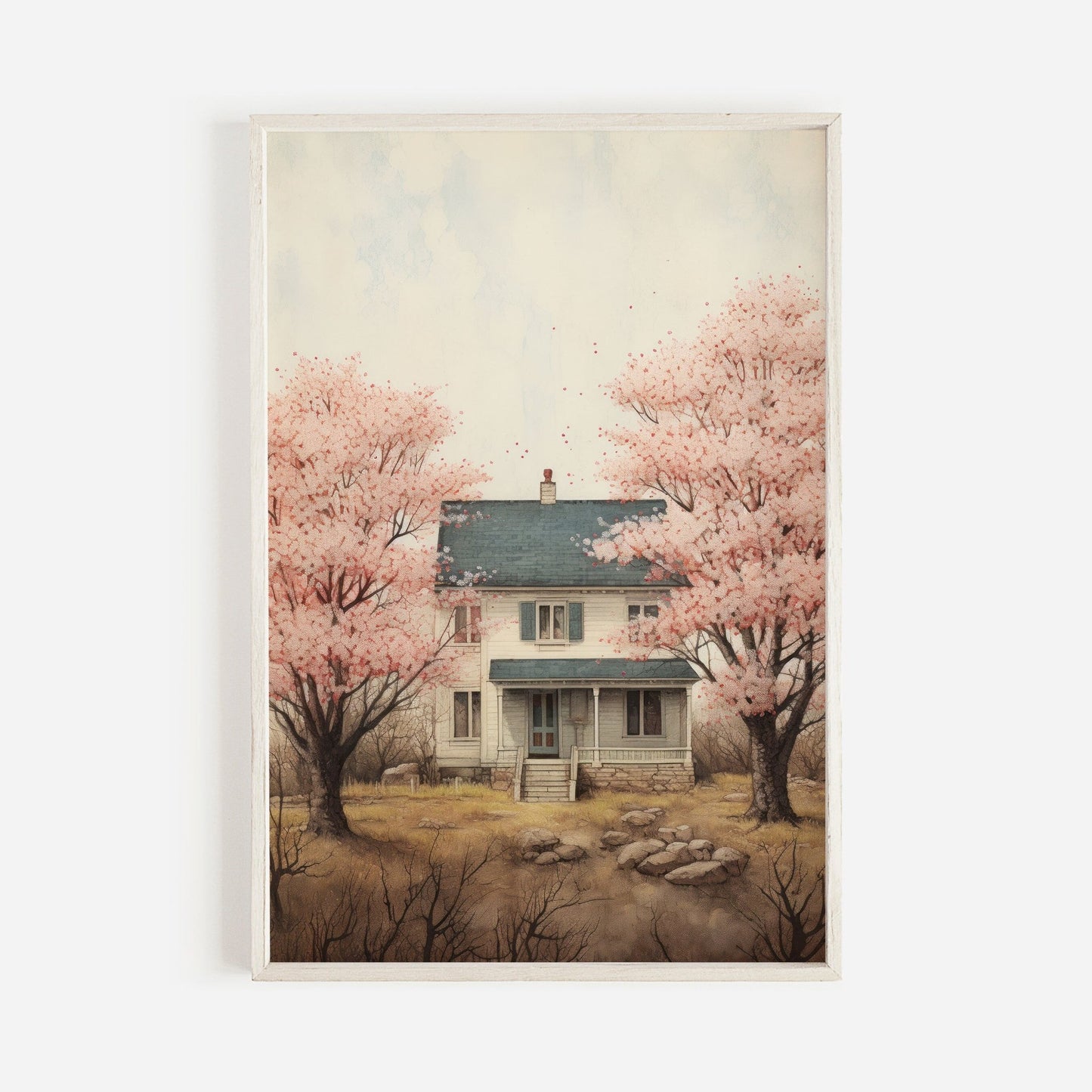Vintage House Print, Cherry Blossom Trees, Countryside Wall Art - WildfieldPrints