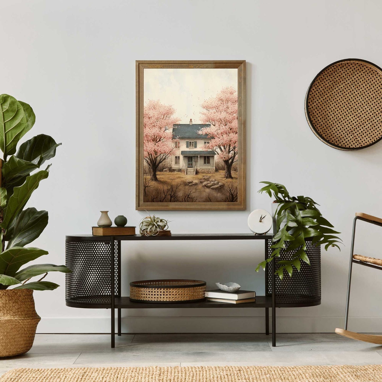 Vintage House Print, Cherry Blossom Trees, Countryside Wall Art - WildfieldPrints