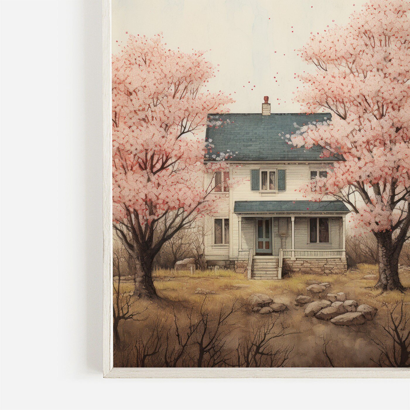 Vintage House Print, Cherry Blossom Trees, Countryside Wall Art - WildfieldPrints