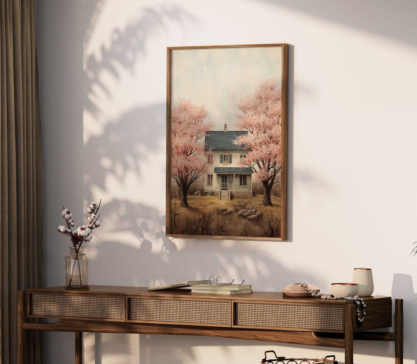 Vintage House Print, Cherry Blossom Trees, Countryside Wall Art - WildfieldPrints