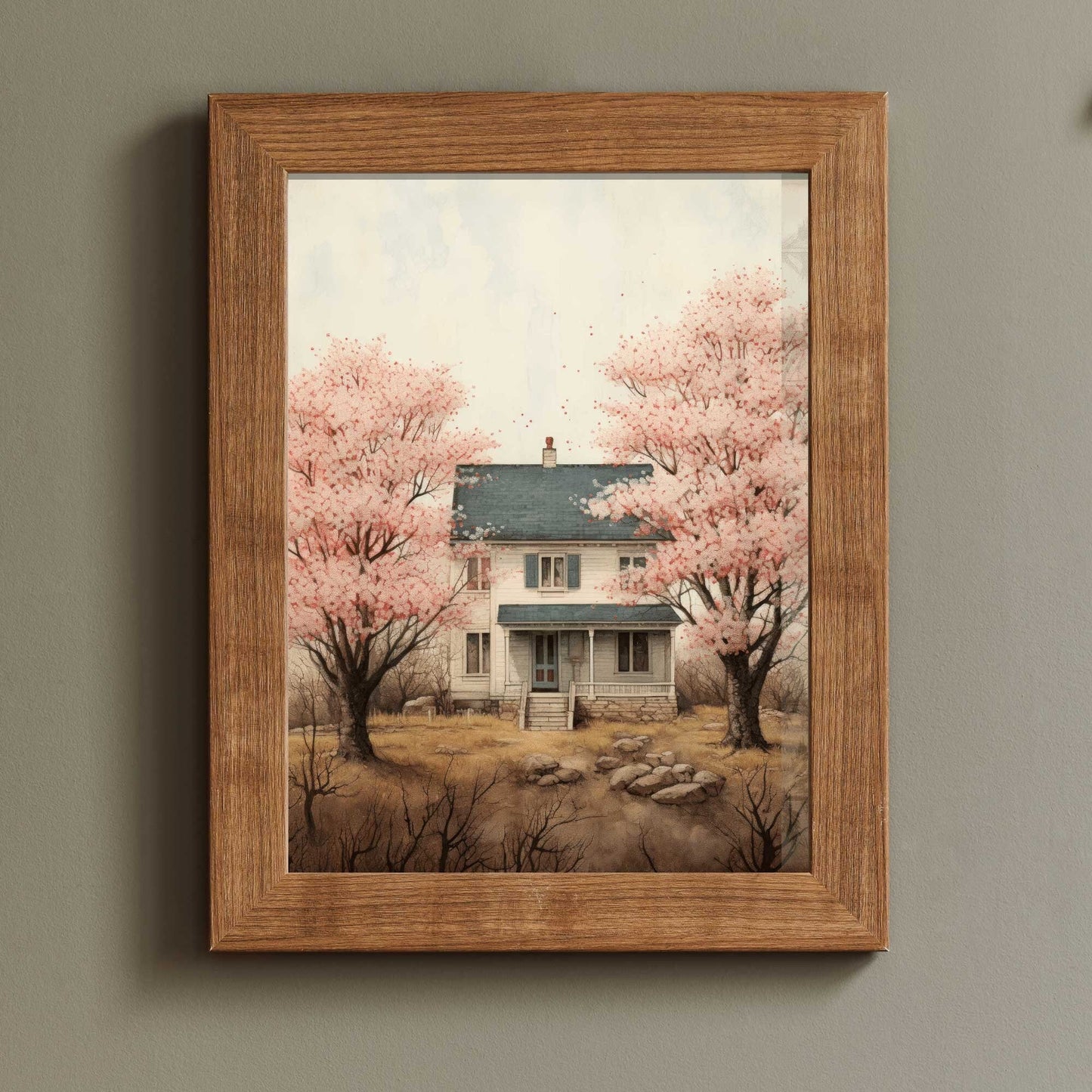 Vintage House Print, Cherry Blossom Trees, Countryside Wall Art - WildfieldPrints