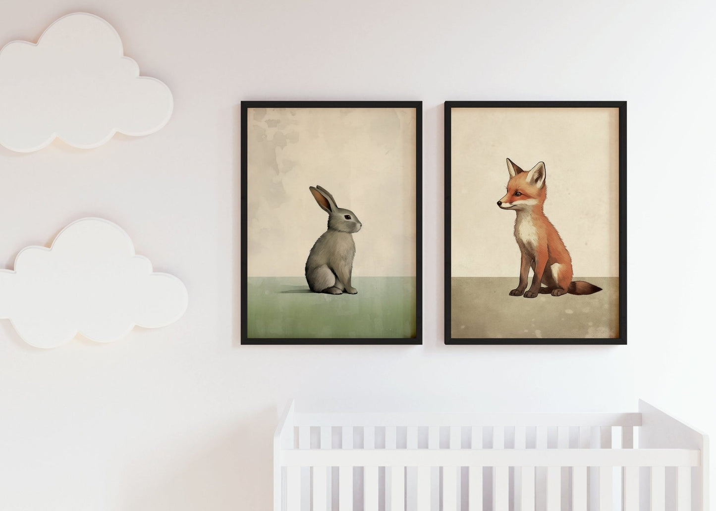 Vintage Minimalist Nursery Wall Art, Forest Animals, Bunny & Fox - WildfieldPrints