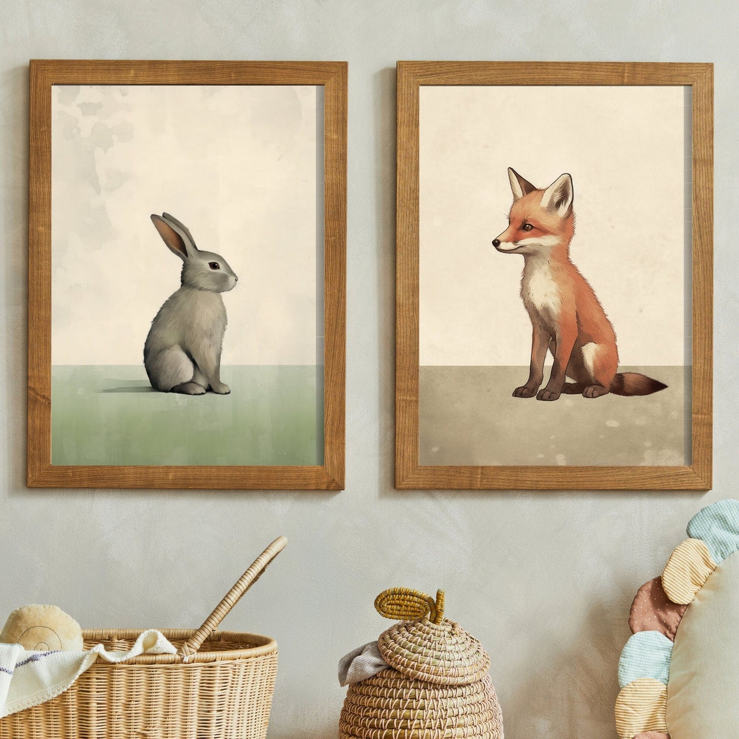 Vintage Minimalist Nursery Wall Art, Forest Animals, Bunny & Fox - WildfieldPrints
