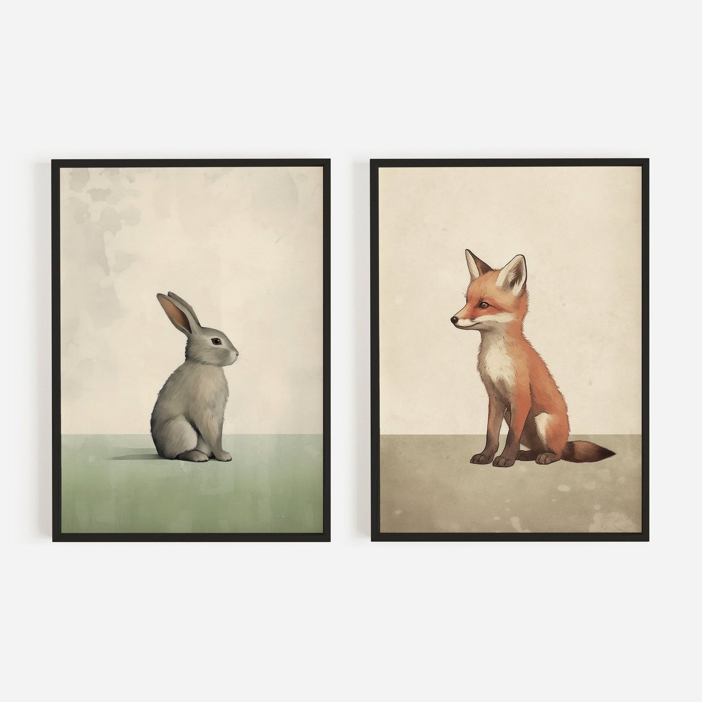 Vintage Minimalist Nursery Wall Art, Forest Animals, Bunny & Fox - WildfieldPrints