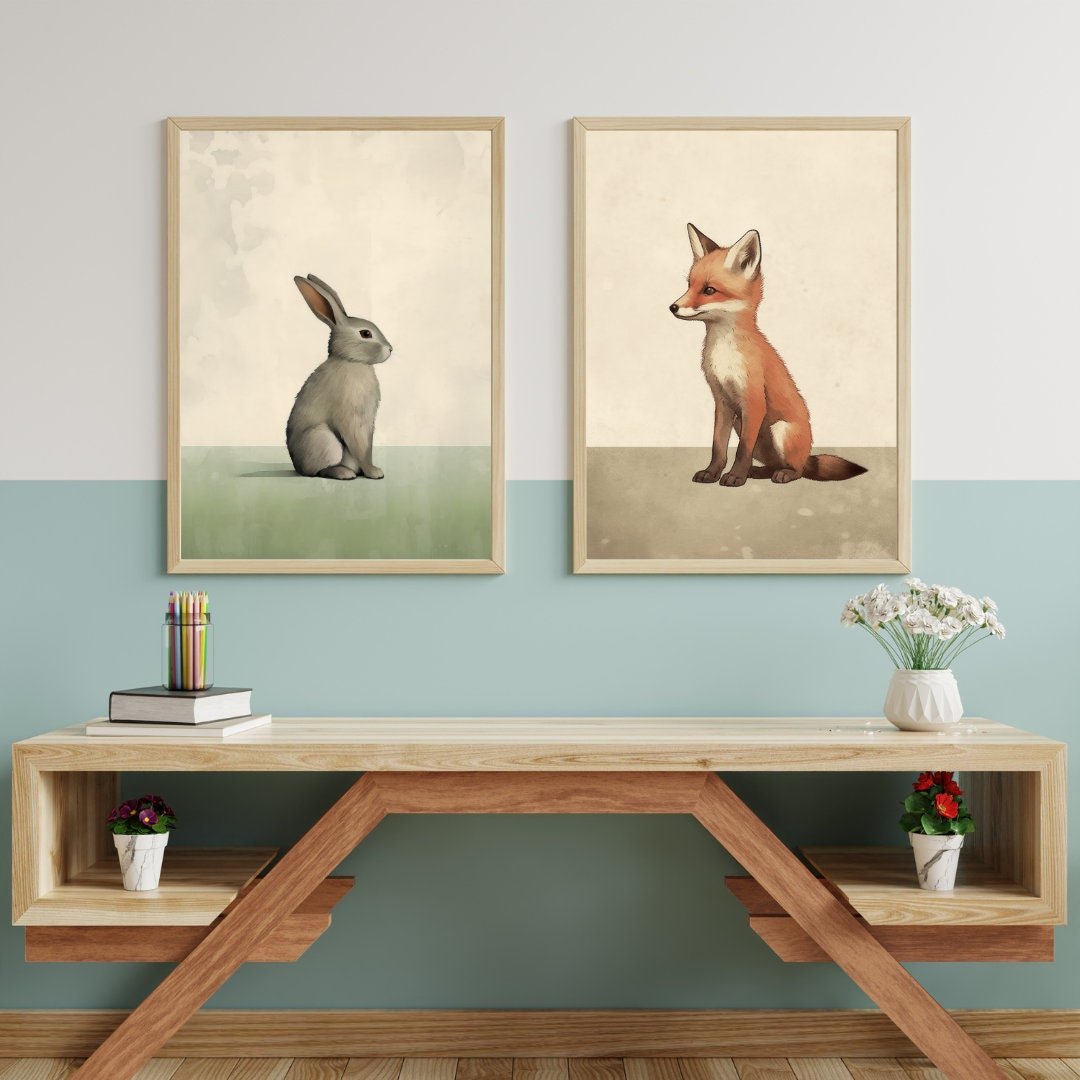 Vintage Minimalist Nursery Wall Art, Forest Animals, Bunny & Fox - WildfieldPrints