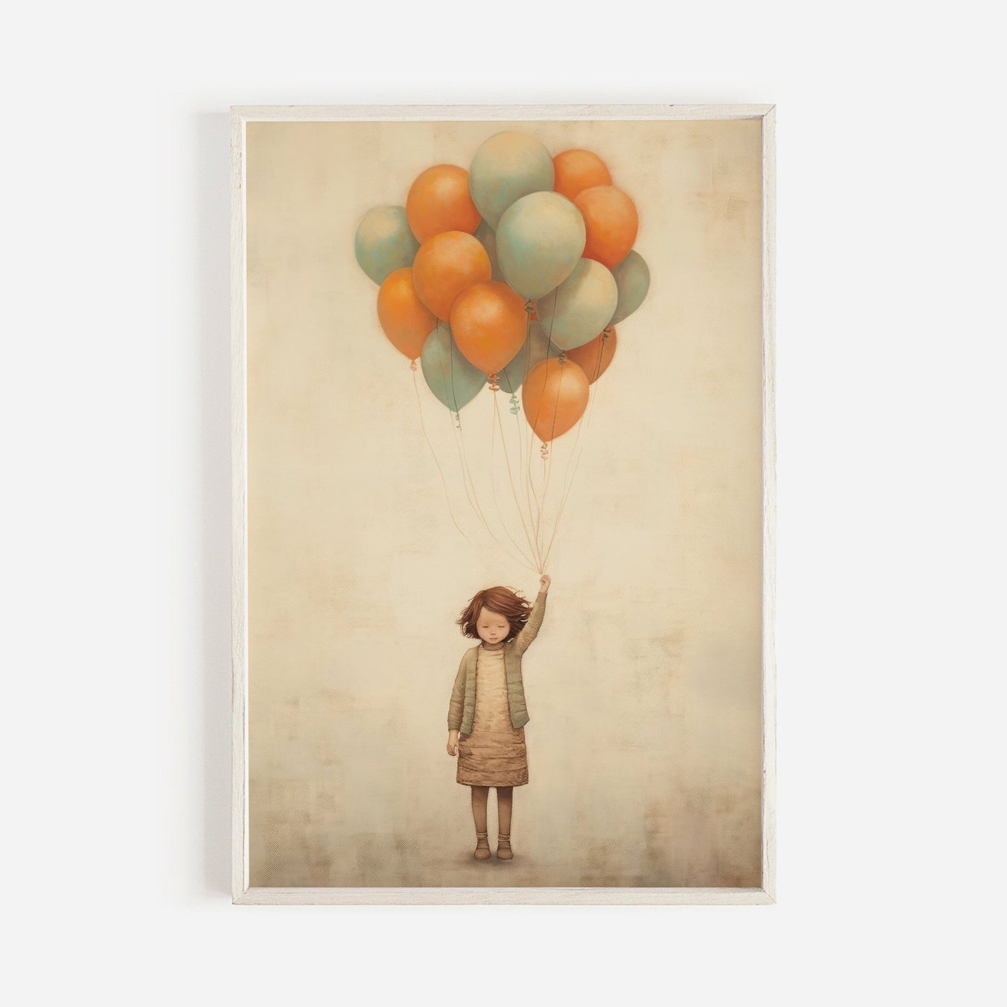 Vintage Minimalist Nursery Wall Art, Girl with Balloons, Kids Room Decor - WildfieldPrints