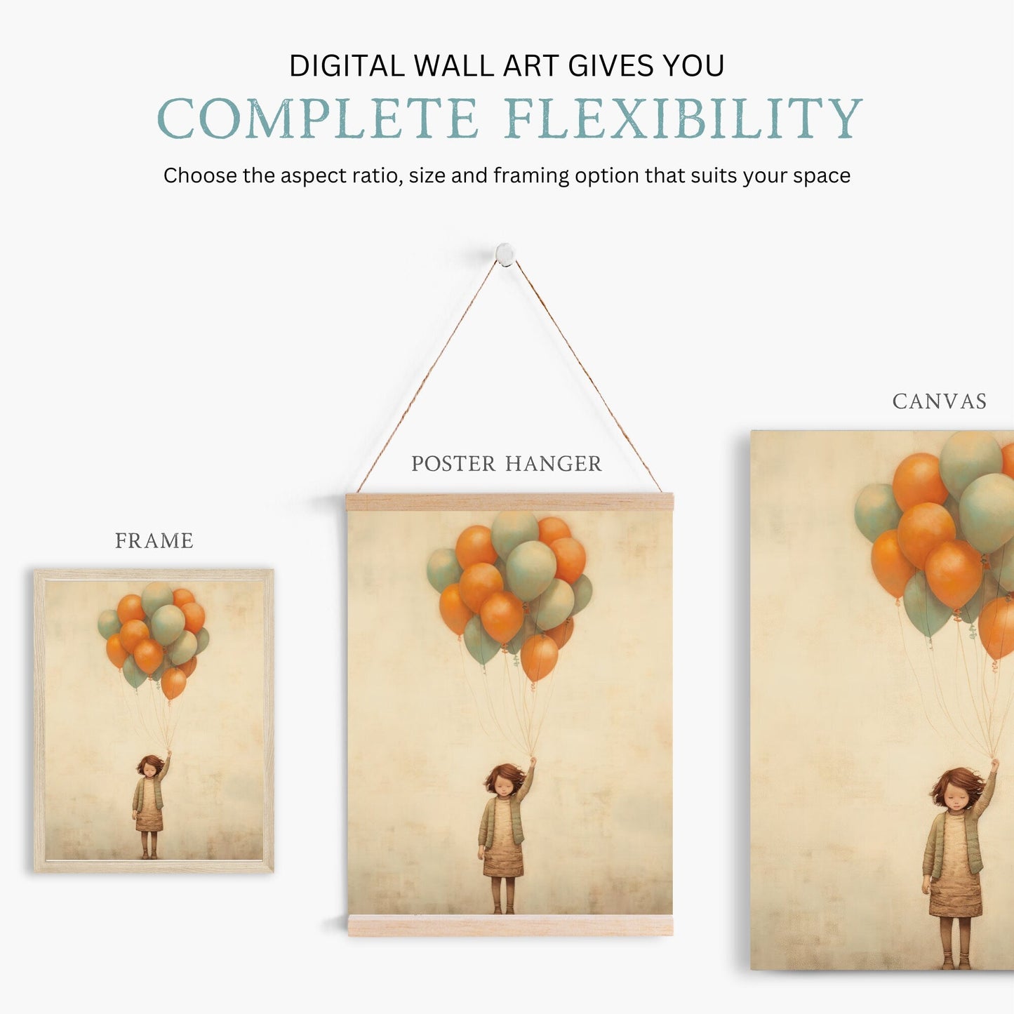 Vintage Minimalist Nursery Wall Art, Girl with Balloons, Kids Room Decor - WildfieldPrints