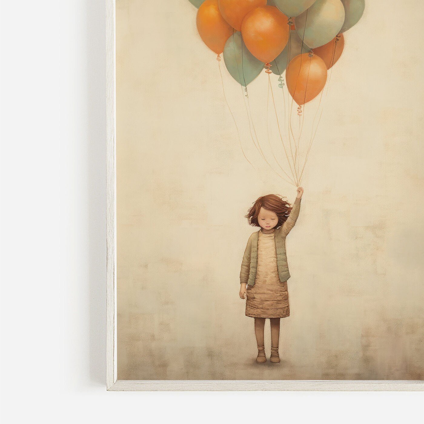 Vintage Minimalist Nursery Wall Art, Girl with Balloons, Kids Room Decor - WildfieldPrints