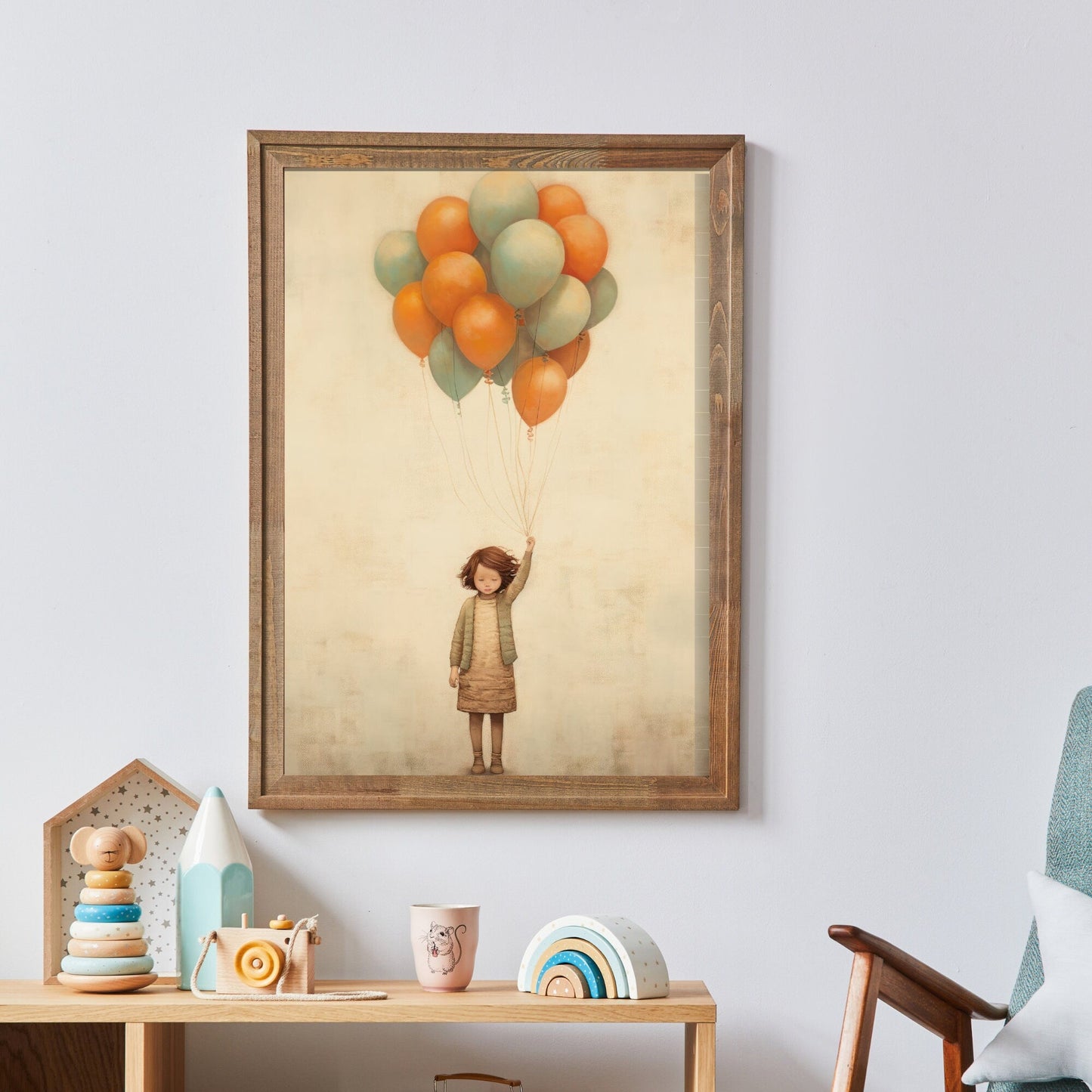 Vintage Minimalist Nursery Wall Art, Girl with Balloons, Kids Room Decor - WildfieldPrints