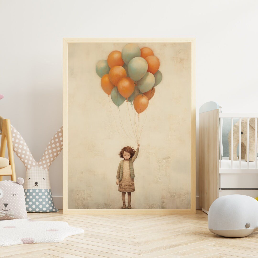 Vintage Minimalist Nursery Wall Art, Girl with Balloons, Kids Room Decor - WildfieldPrints
