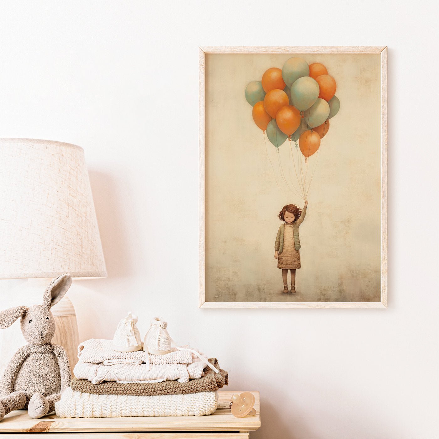 Vintage Minimalist Nursery Wall Art, Girl with Balloons, Kids Room Decor - WildfieldPrints