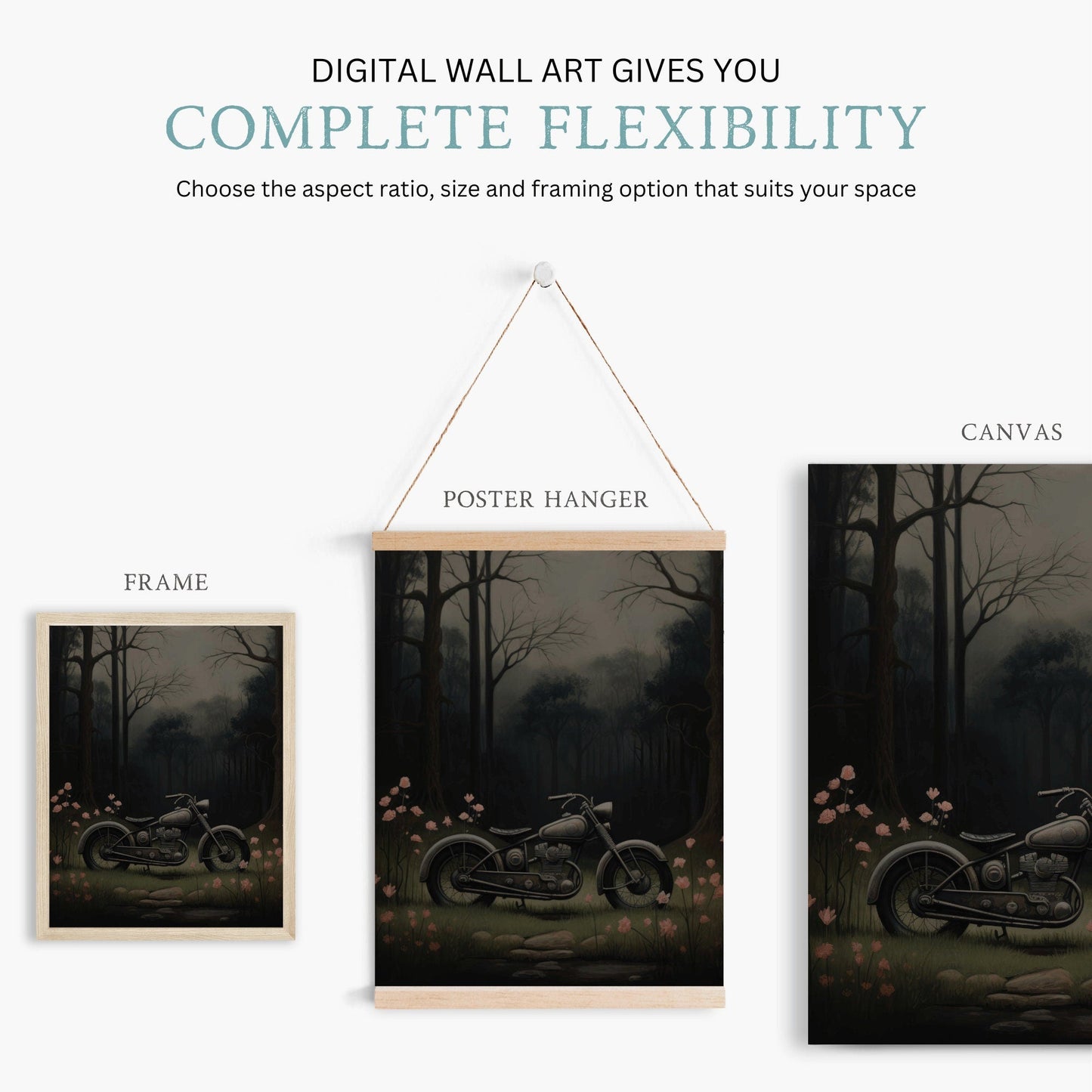 Vintage Motorcycle Prints, Floral Wall Art, Dark Vehicle Decor - WildfieldPrints