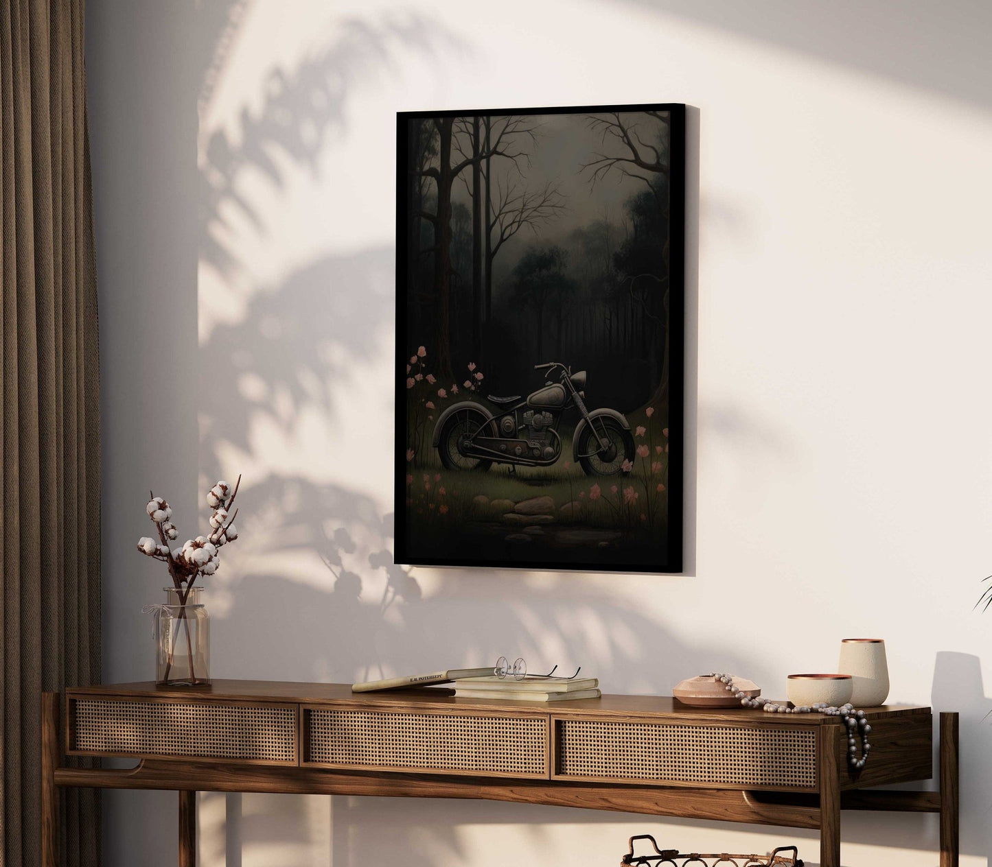 Vintage Motorcycle Prints, Floral Wall Art, Dark Vehicle Decor - WildfieldPrints