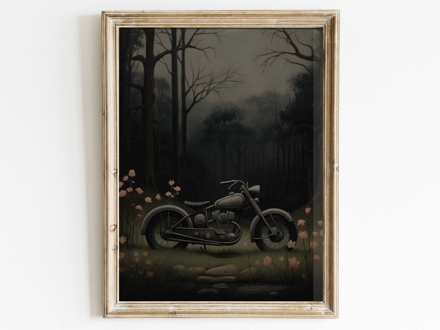 Vintage Motorcycle Prints, Floral Wall Art, Dark Vehicle Decor - WildfieldPrints